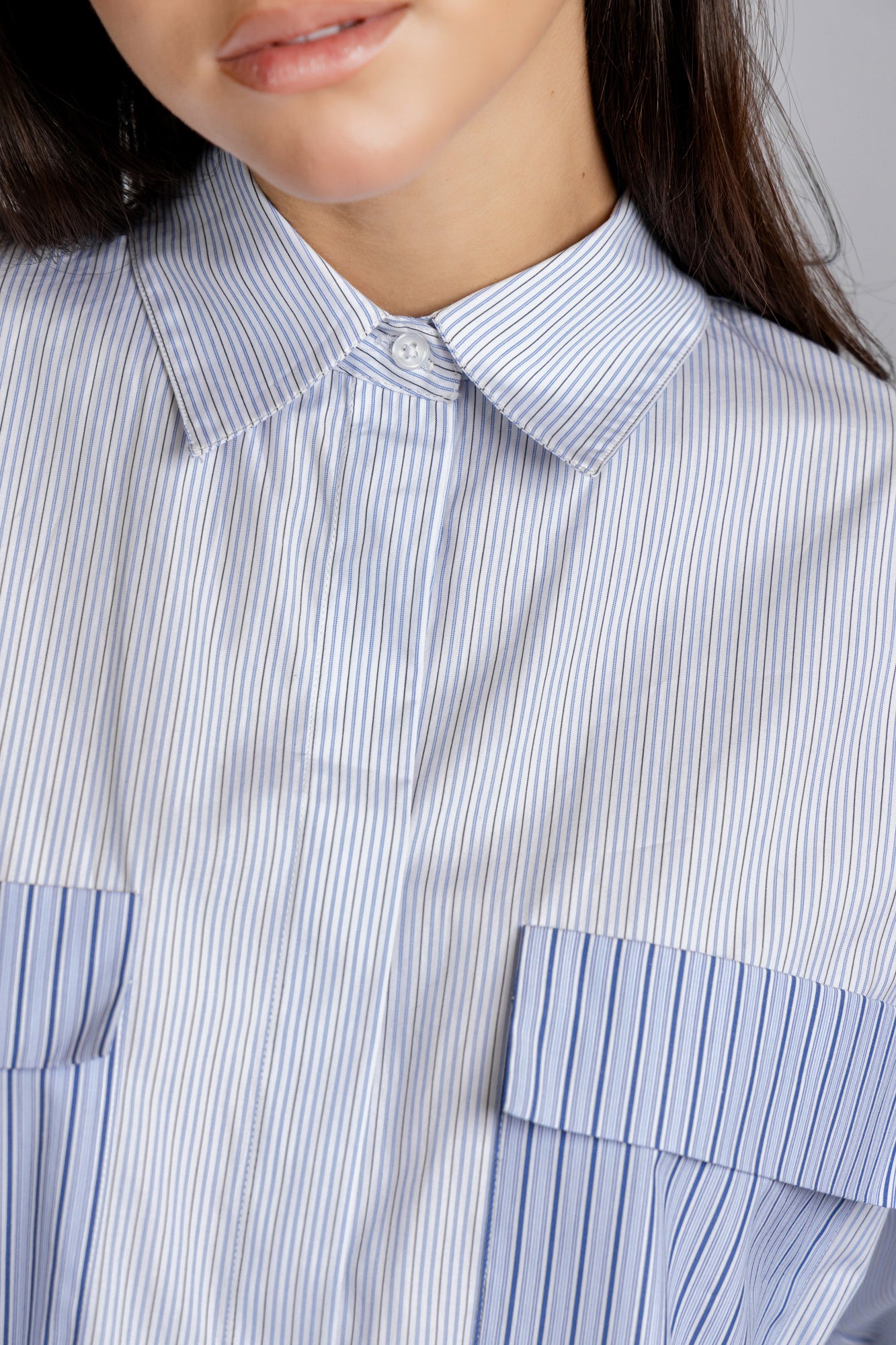 White Striped Patch-Work Shirt with Flap Pockets