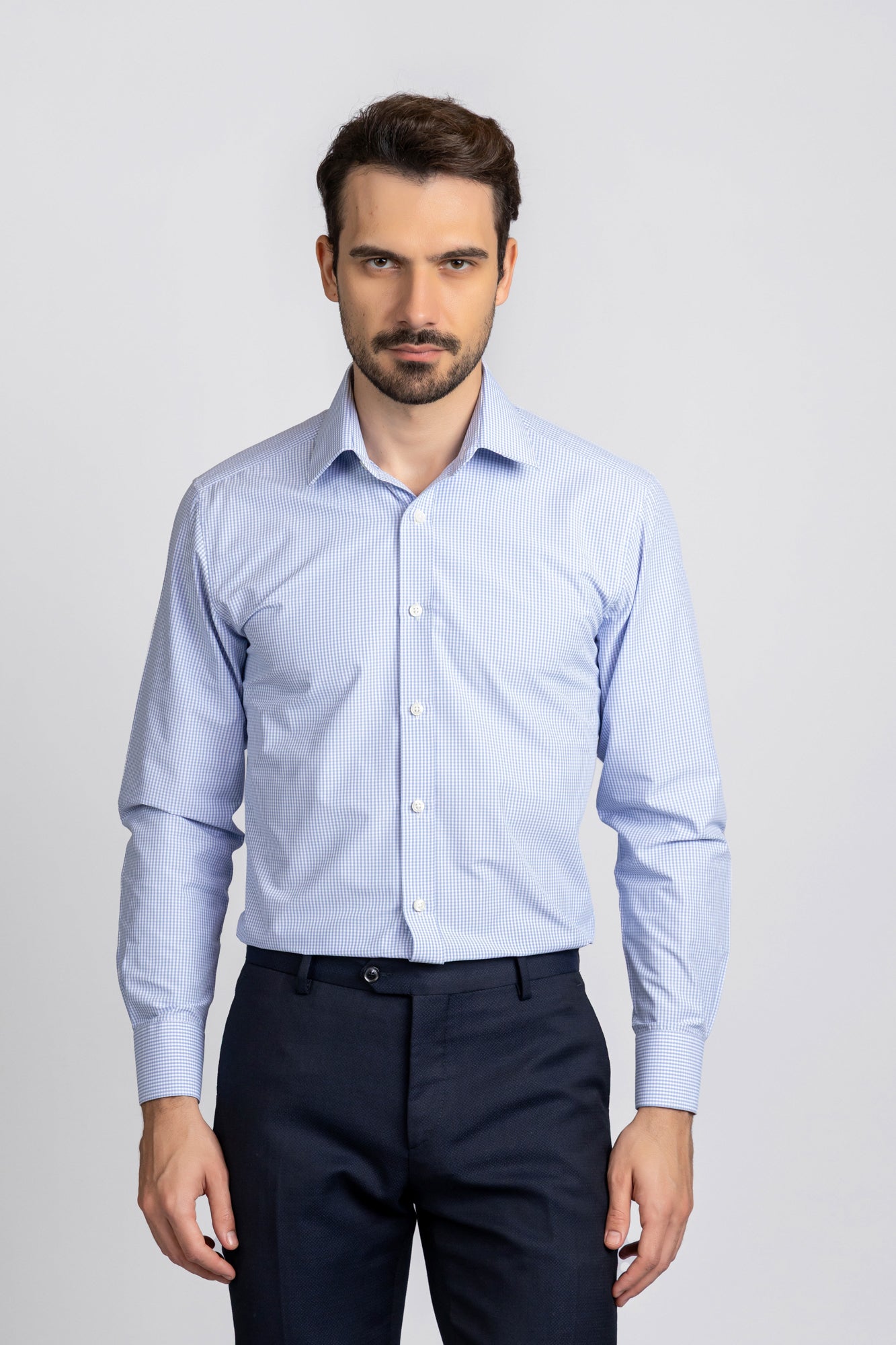 Sky Blue Checkered Poplin Shirt - Regular Fit