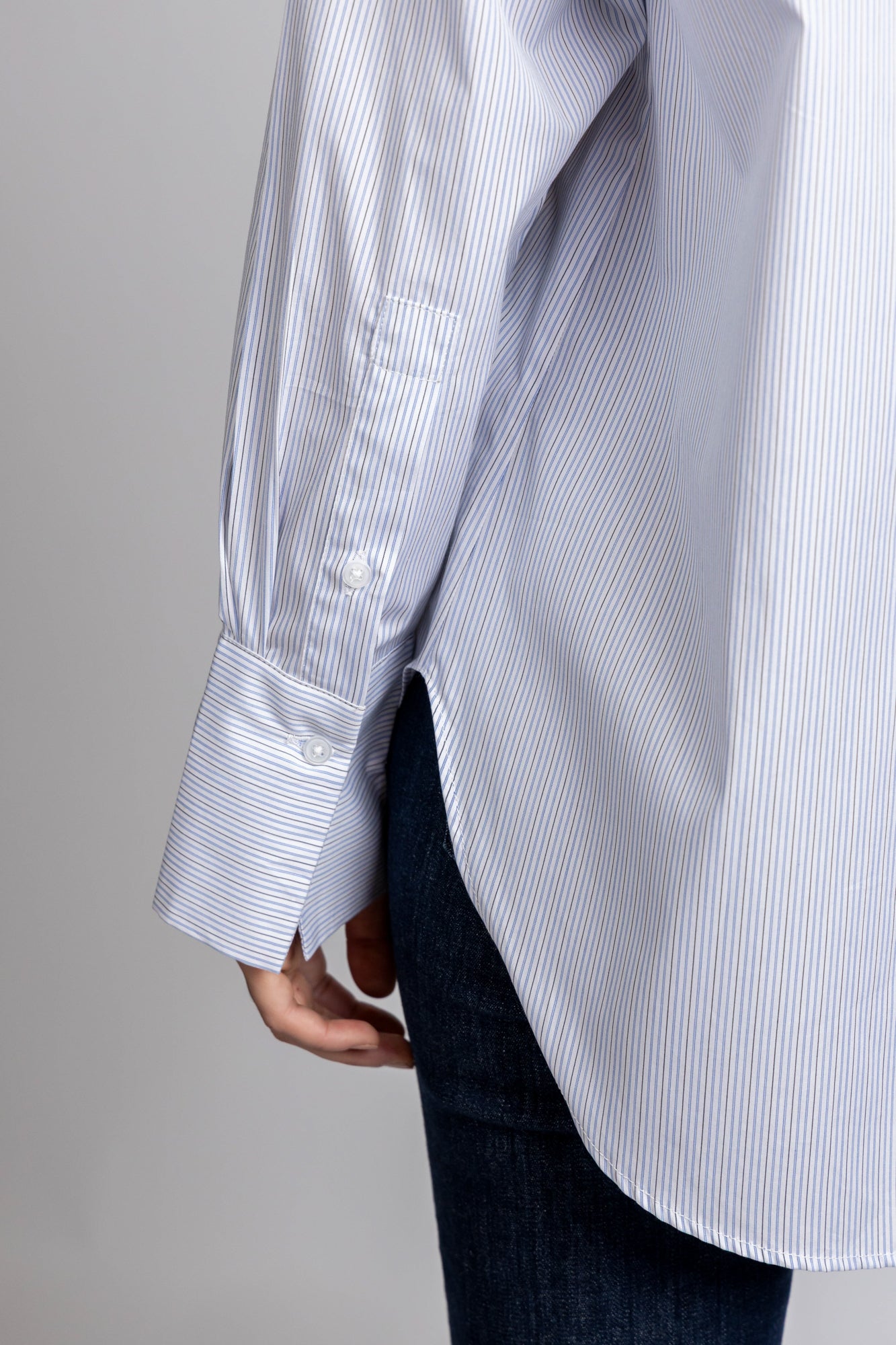 【WHITE】Patch work shirt Striped Patch-Work Shirt with Flap Pockets
