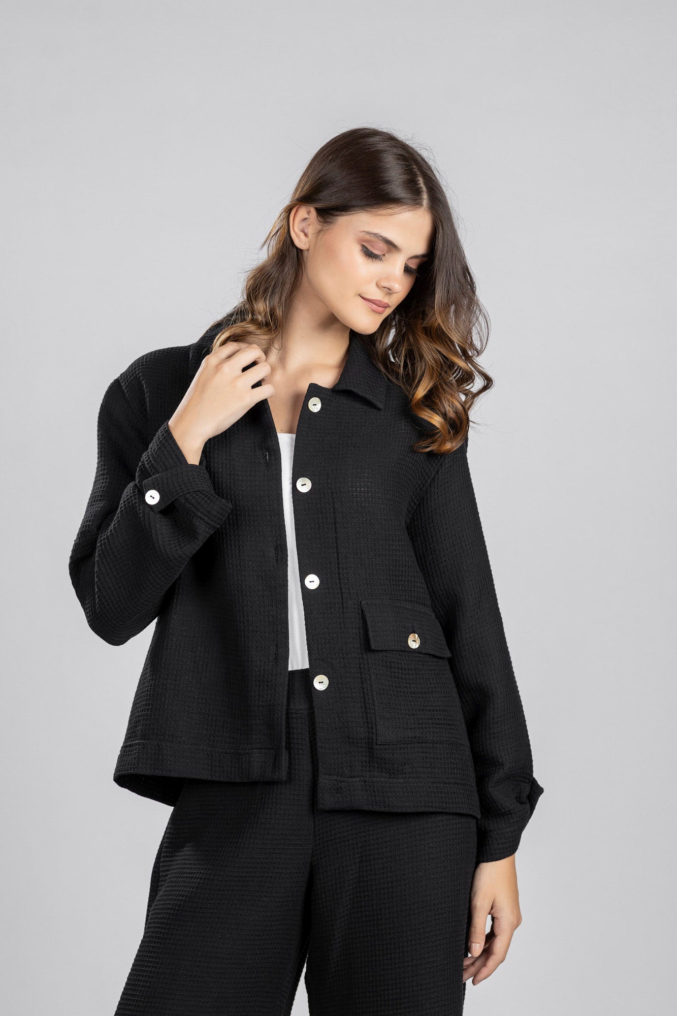 Black Waffle Cropped Shirt