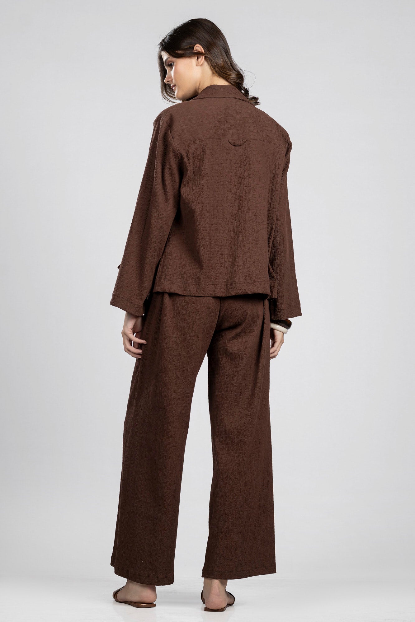 Brown Seersucker Cropped Shirt