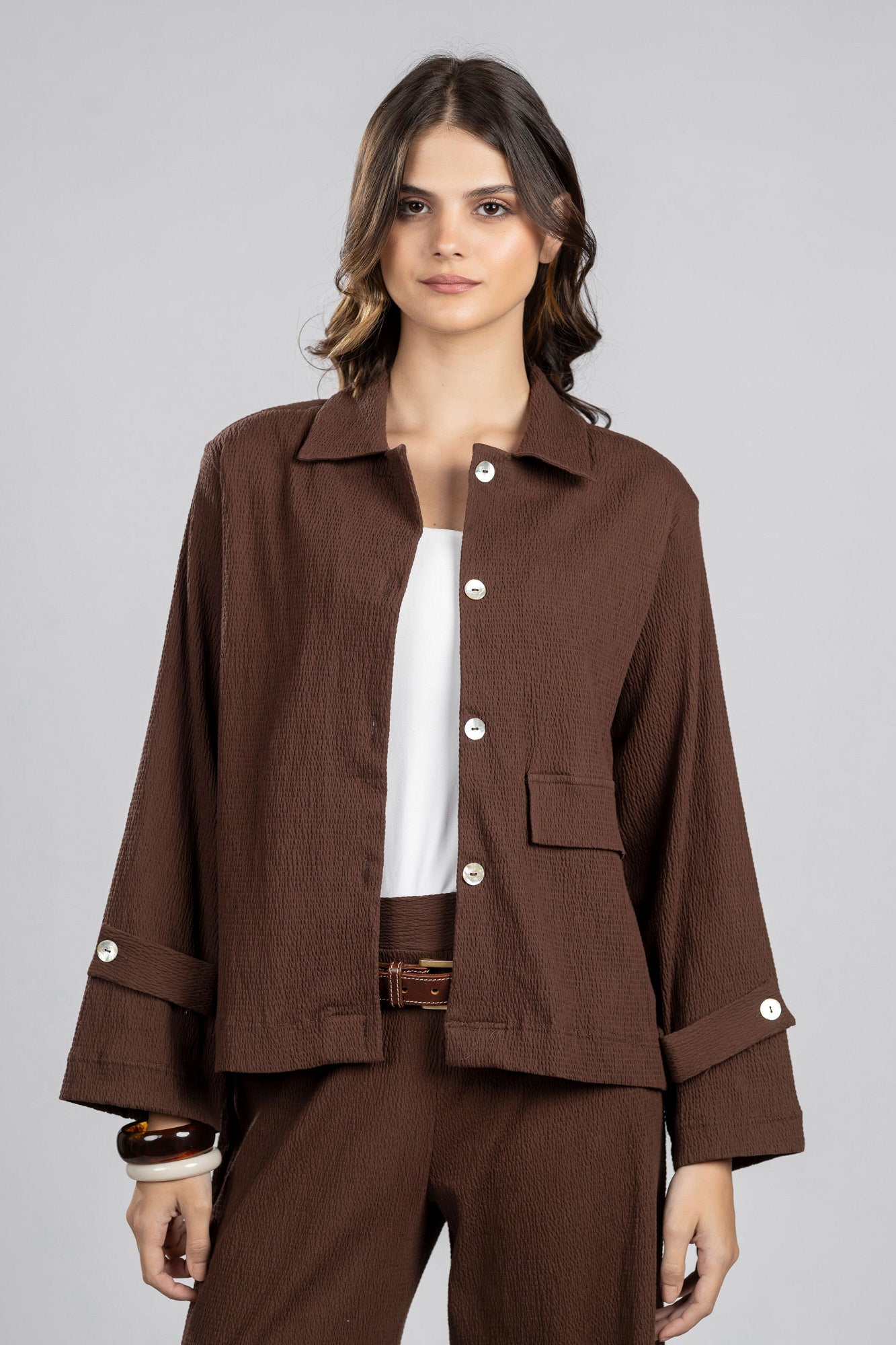 Brown Seersucker Cropped Shirt