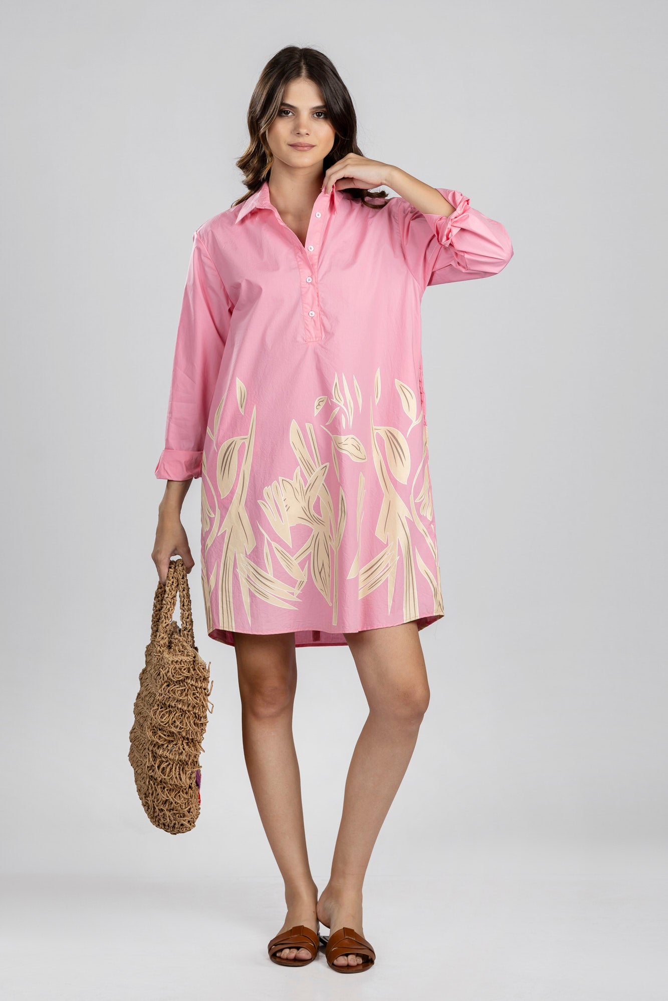 Pink Printed Poplin Short Shirt Dress
