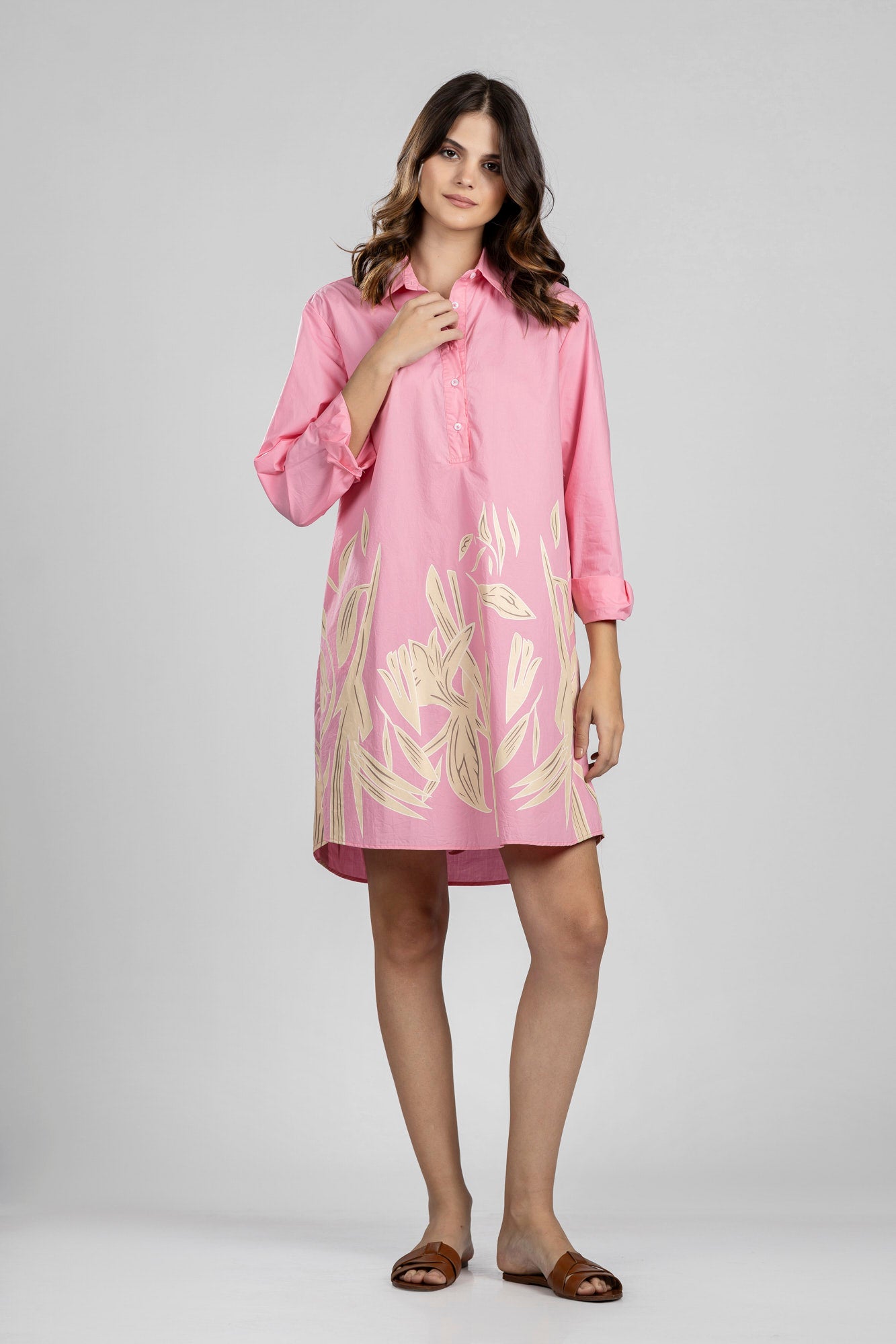 Pink Printed Poplin Short Shirt Dress