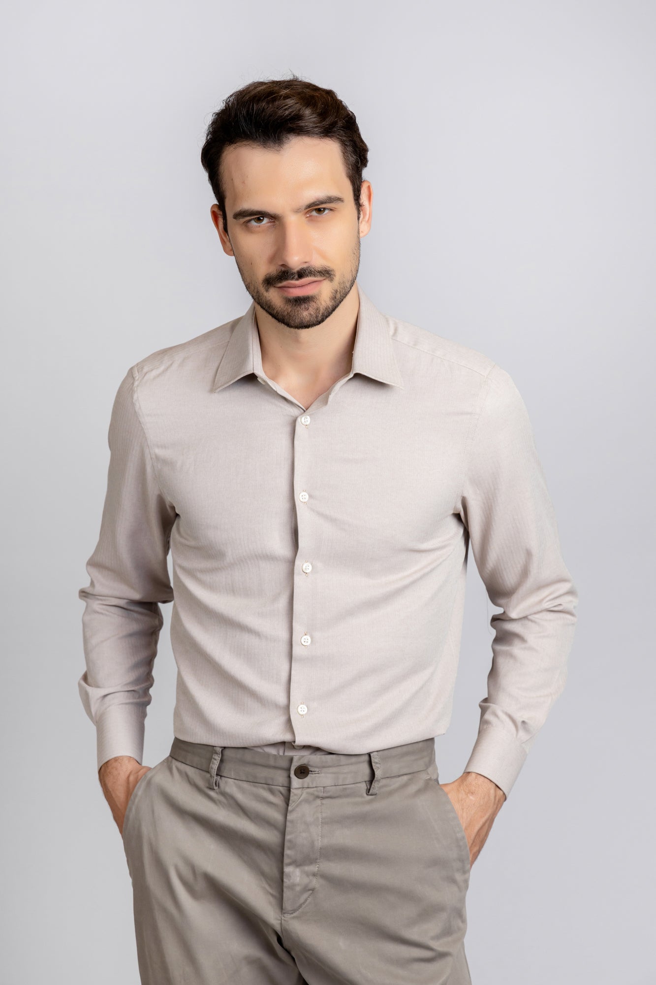 Beige Herringbone Shirt - Slim Fit
