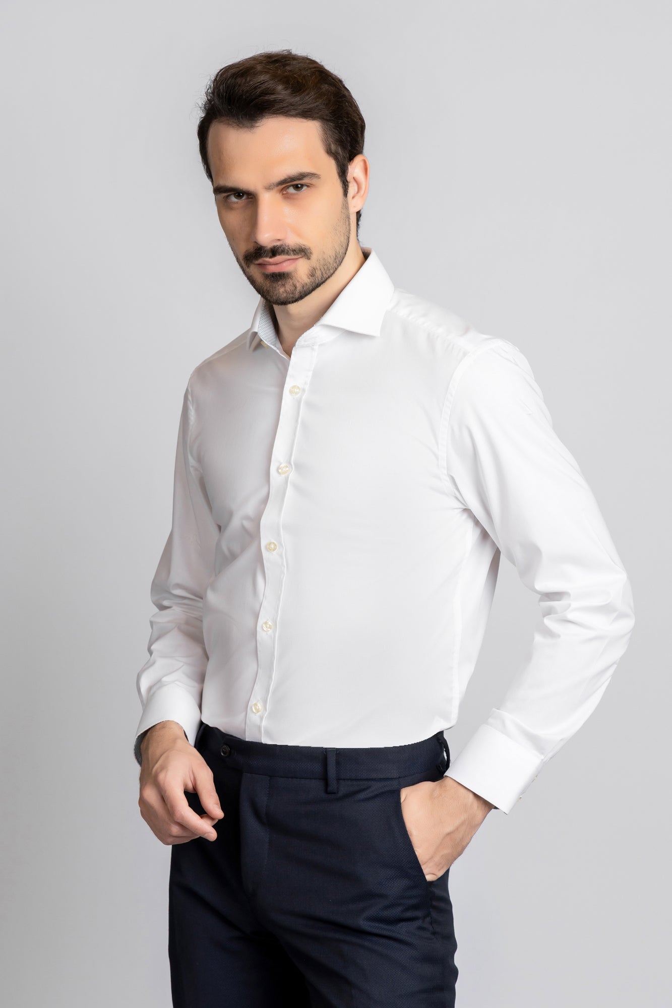 White Contrast Light Blue Stretch Shirt - Slim Fit