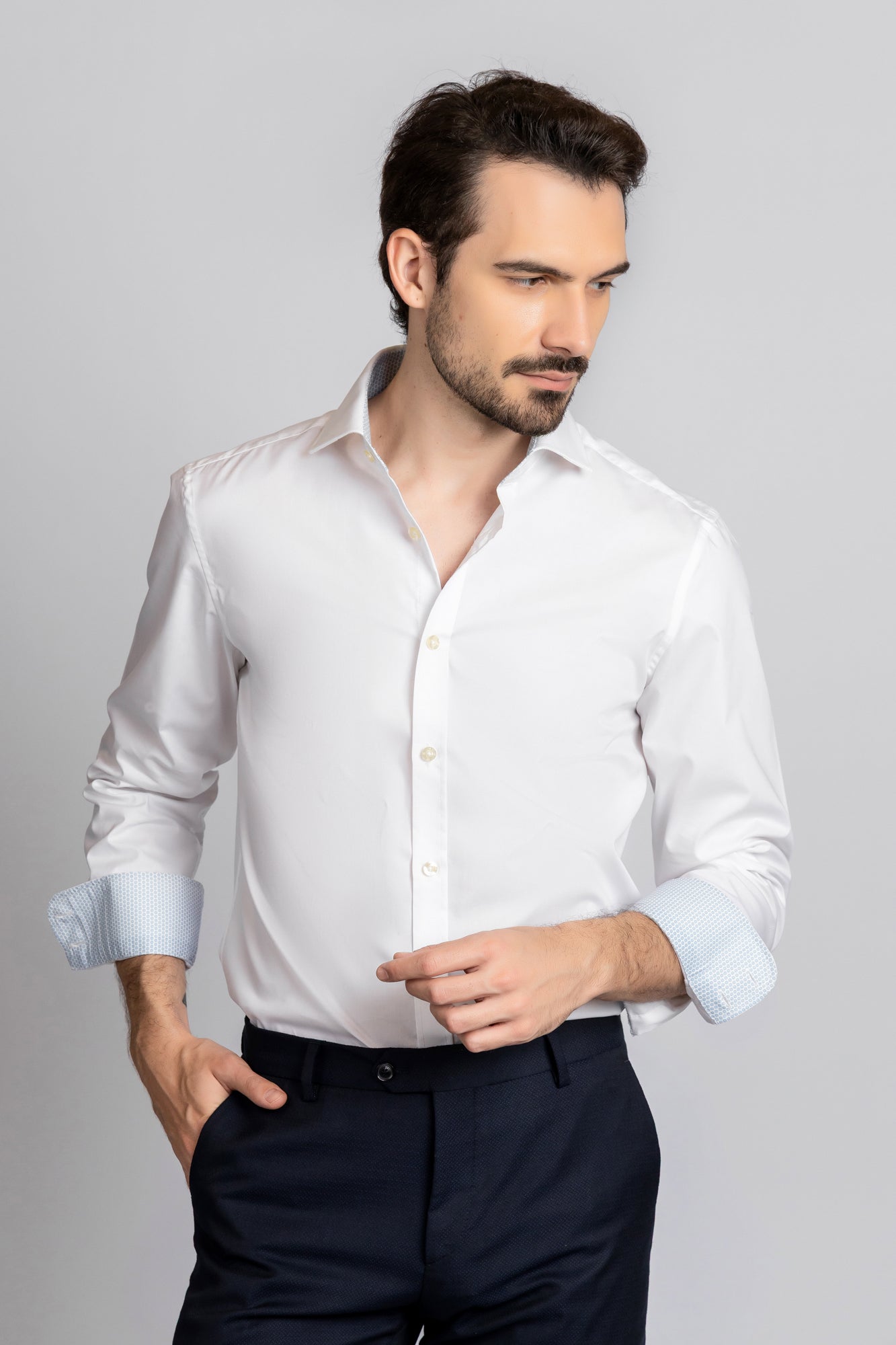 White Contrast Light Blue Stretch Shirt - Slim Fit