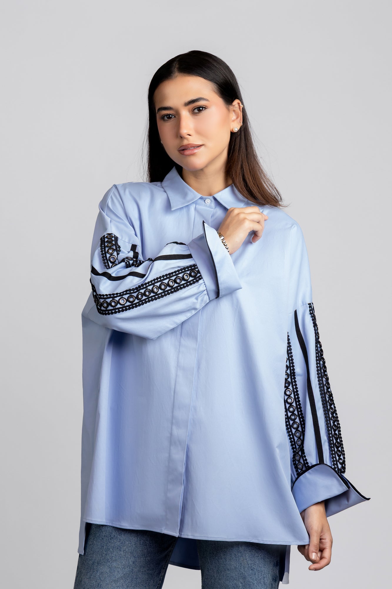 Light Blue Sleeve Detail Stretch Shirt