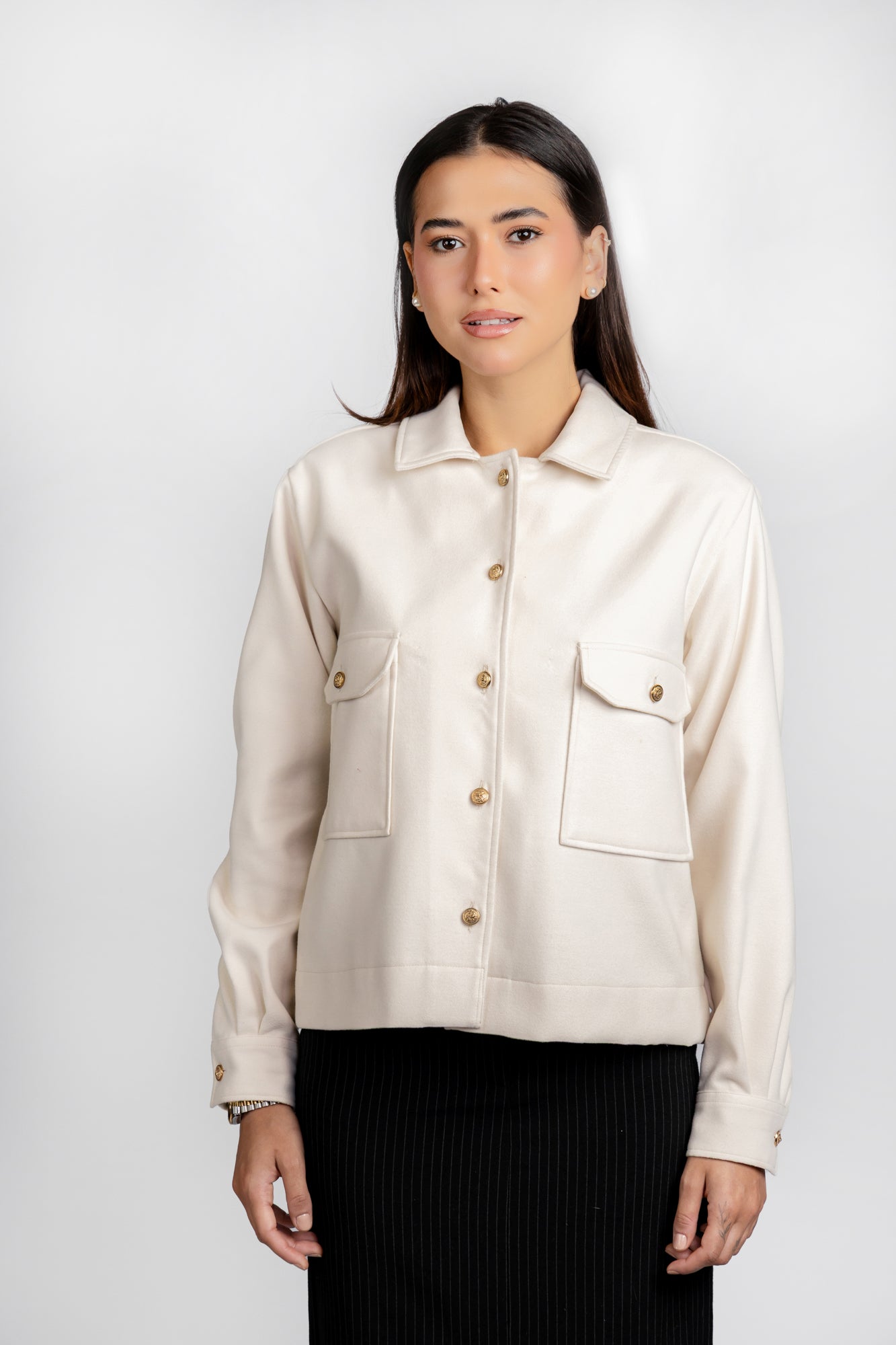 Brushed Overshirt with Flap Pockets Cream