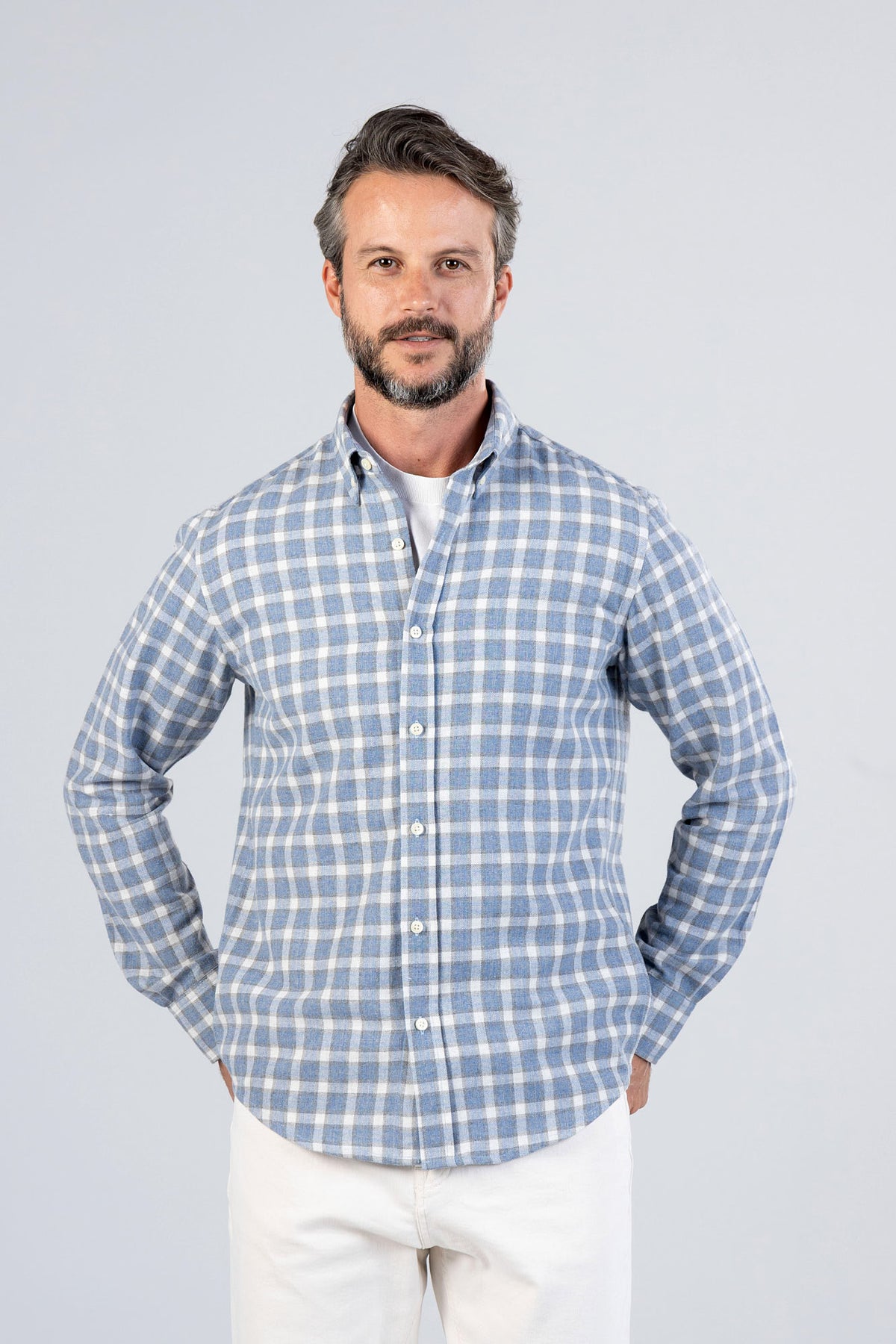 Brushed Checkered Herringbone Button-Down Flannel Shirt