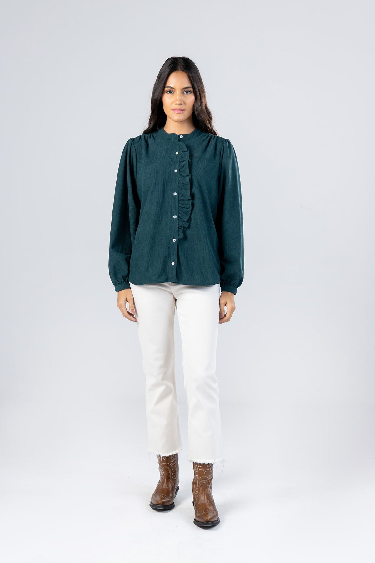 Teal Corduroy Ruffle Blouse