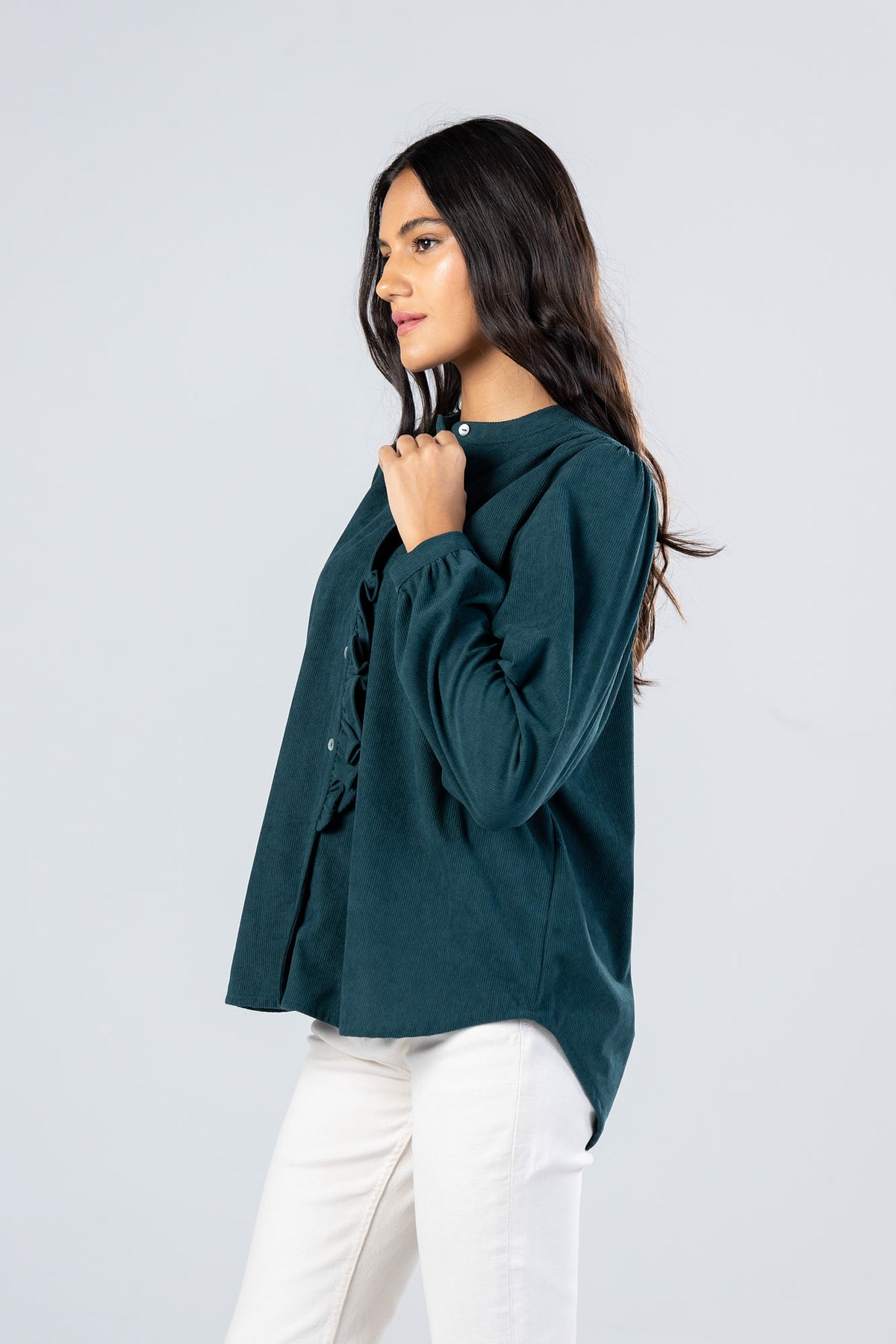 Teal Corduroy Ruffle Blouse