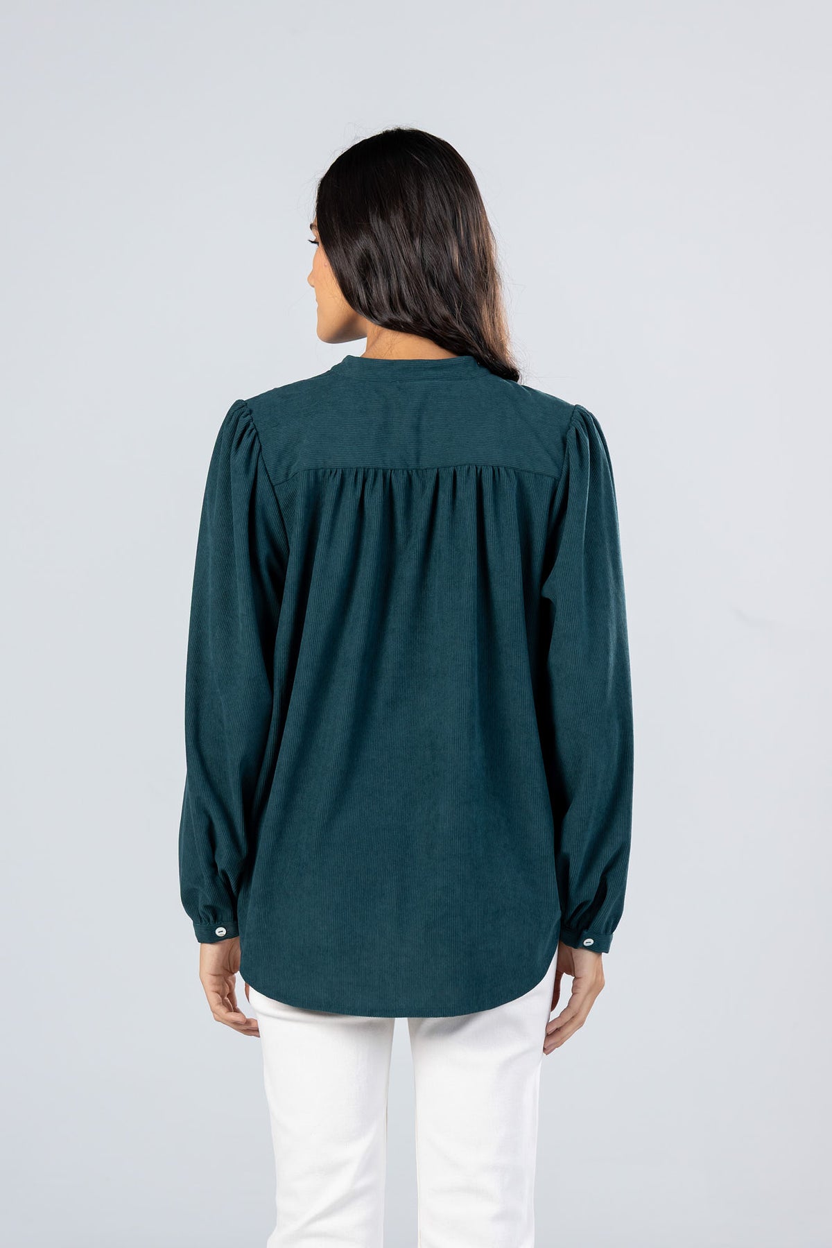 Teal Corduroy Ruffle Blouse