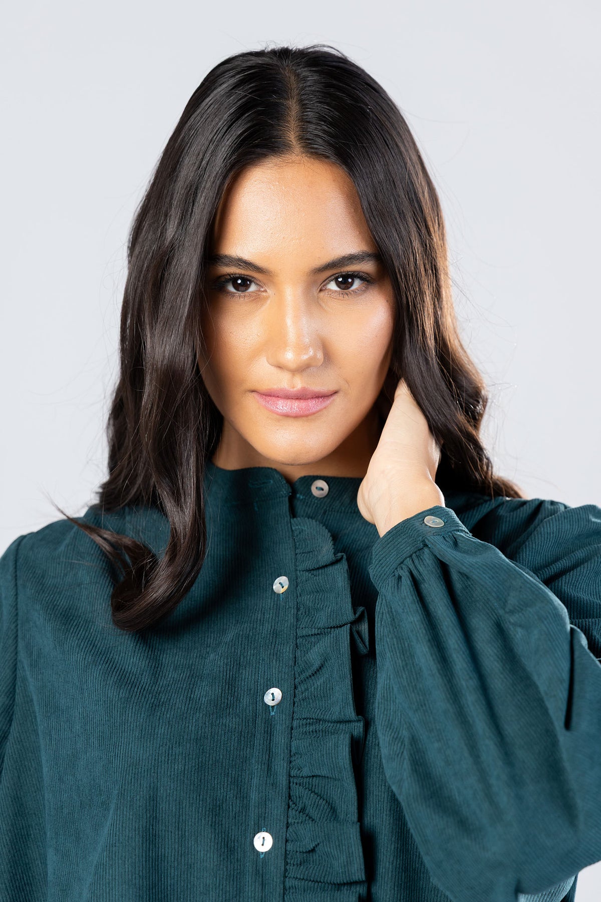 Teal Corduroy Ruffle Blouse