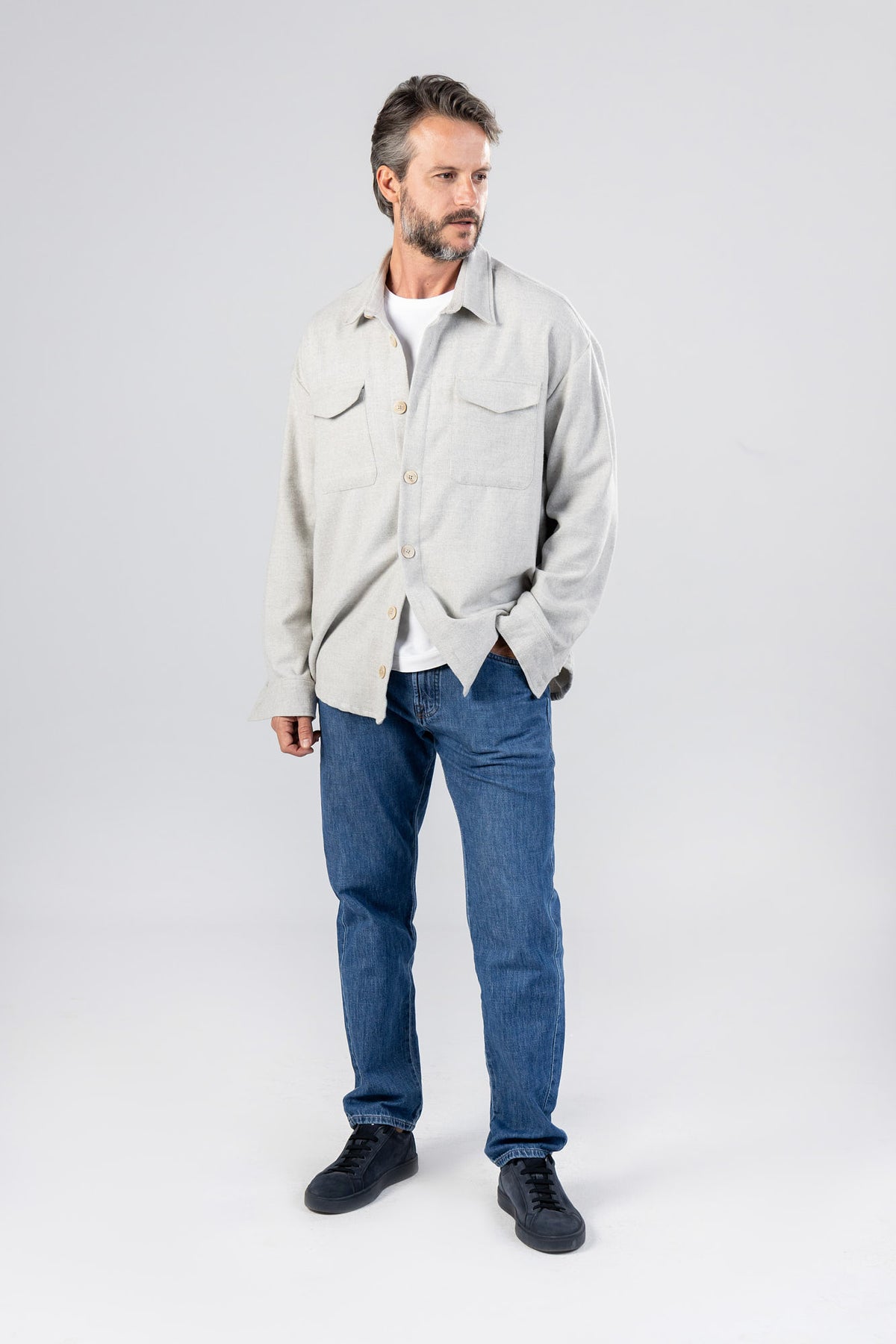 Light Grey Brushed Twill Flannel Overshirt