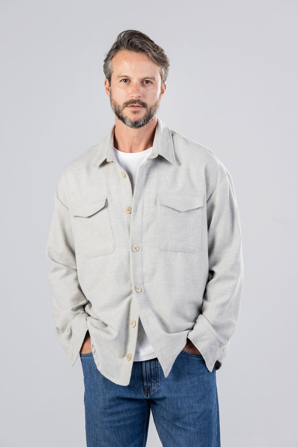 Light Grey Brushed Twill Flannel Overshirt