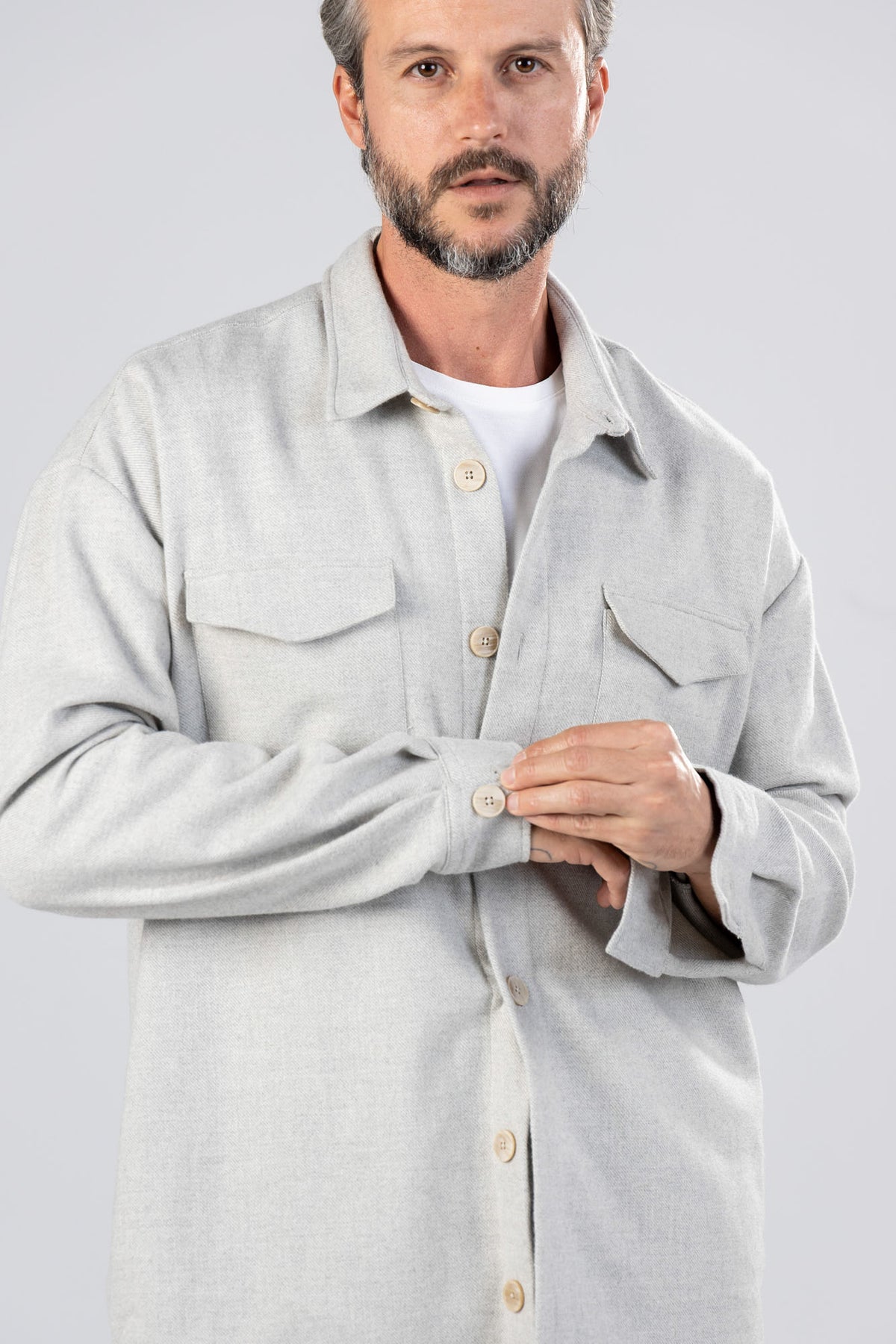 Light Grey Brushed Twill Flannel Overshirt