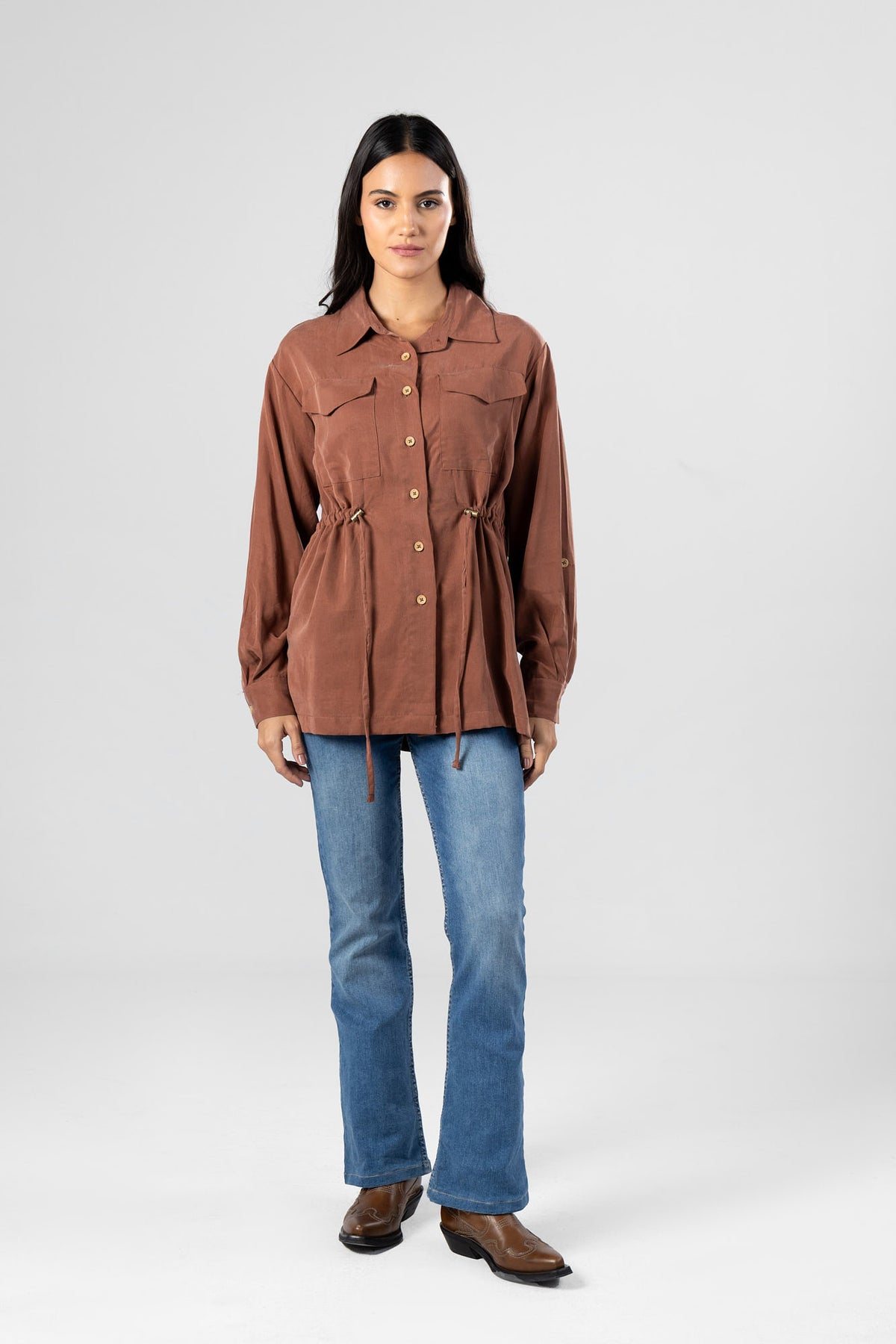 Wood Tencel Waist Tie Overshirt with Flap Pockets
