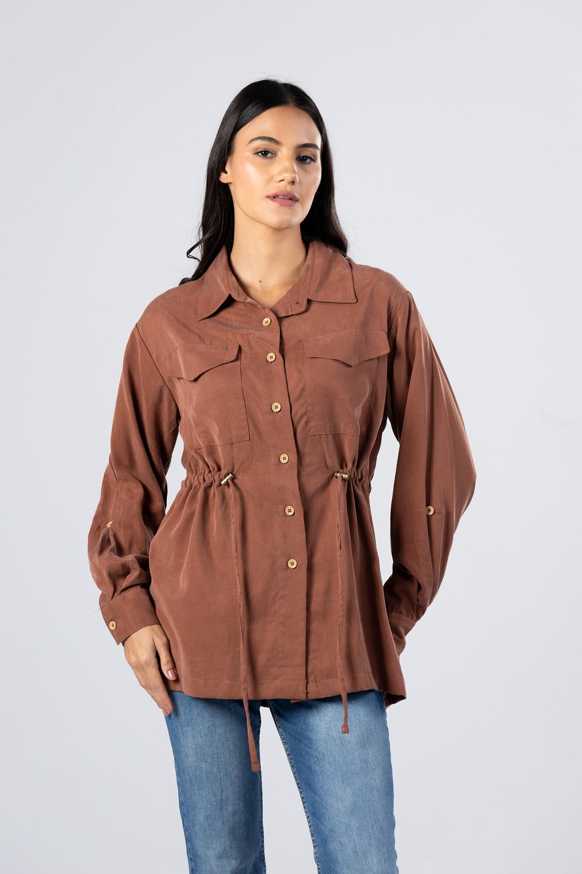 Wood Tencel Waist Tie Overshirt with Flap Pockets