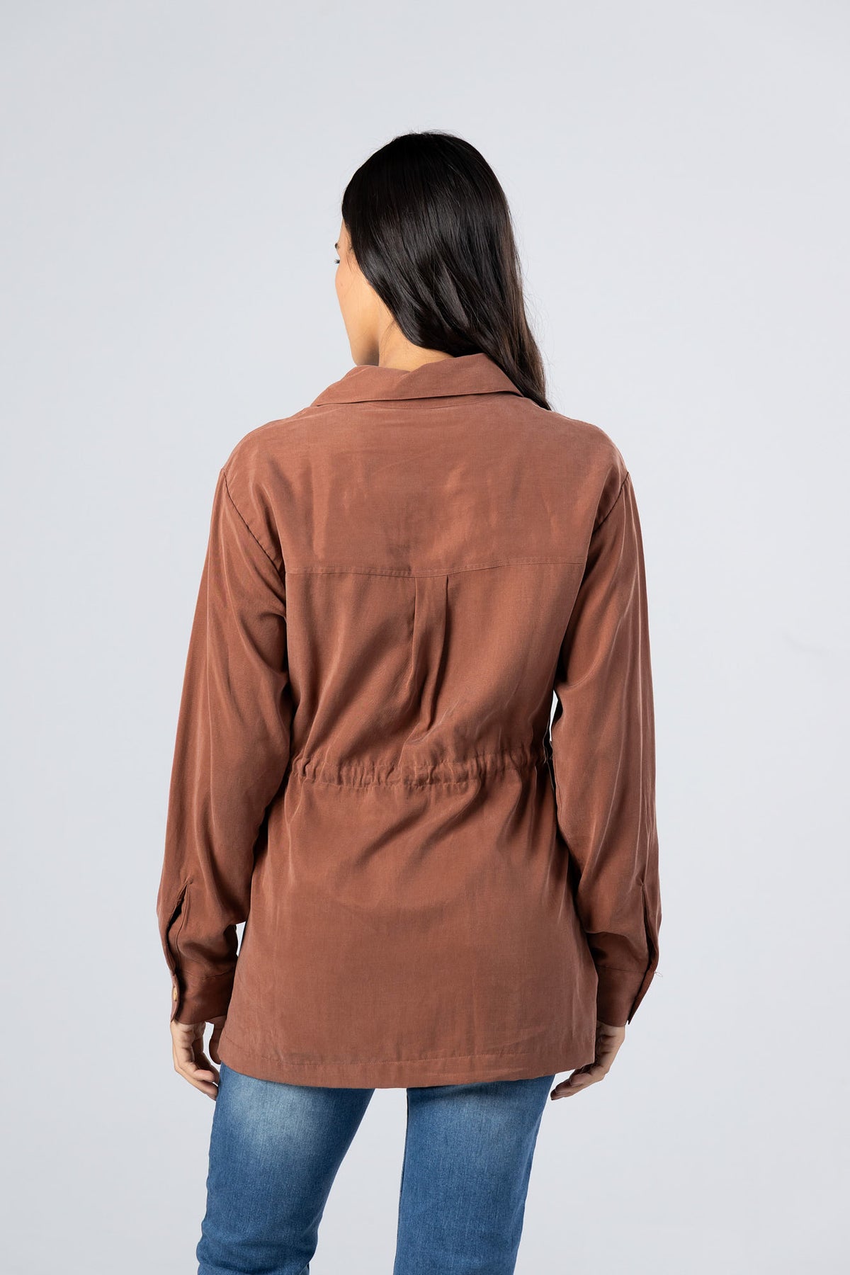 Wood Tencel Waist Tie Overshirt with Flap Pockets