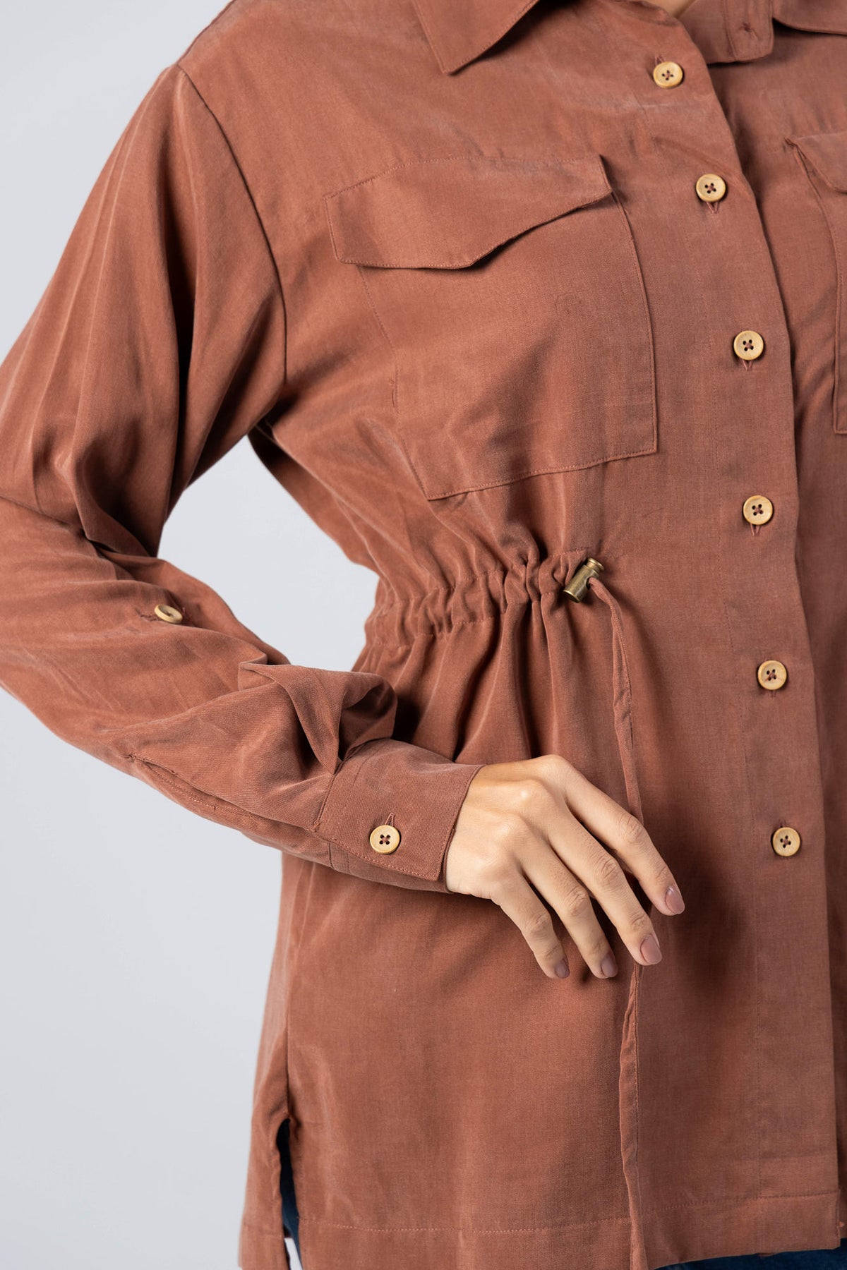 Wood Tencel Waist Tie Overshirt with Flap Pockets