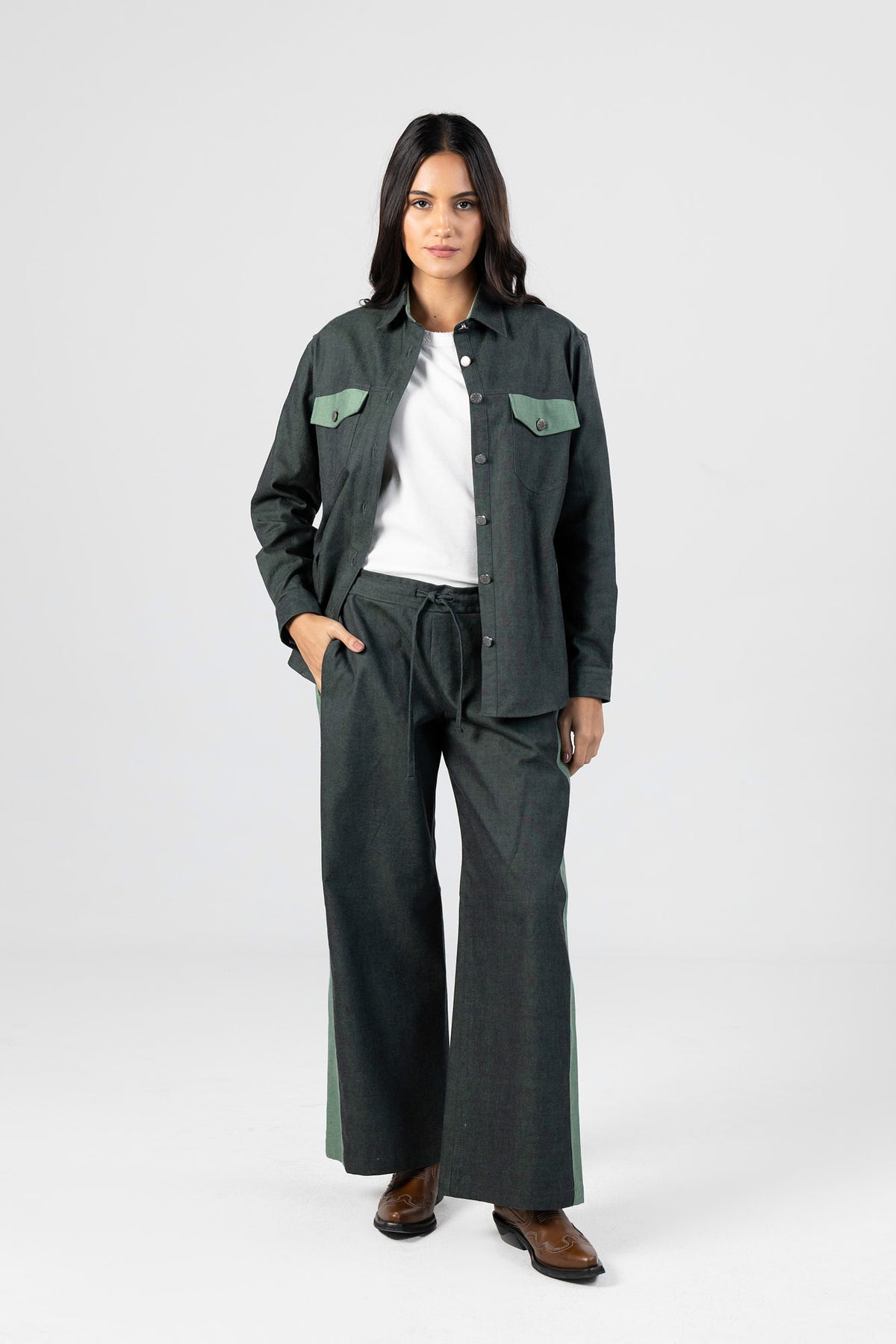Green Gabardine Drawstring Pants
