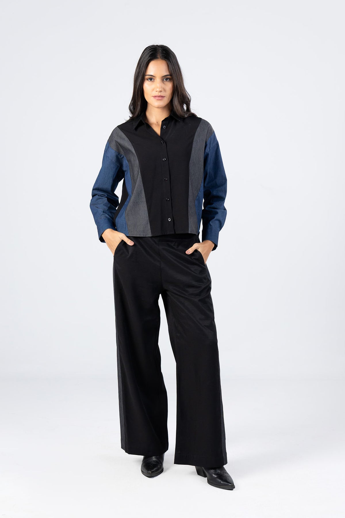 Black Denim Viscose Patchwork Shirt