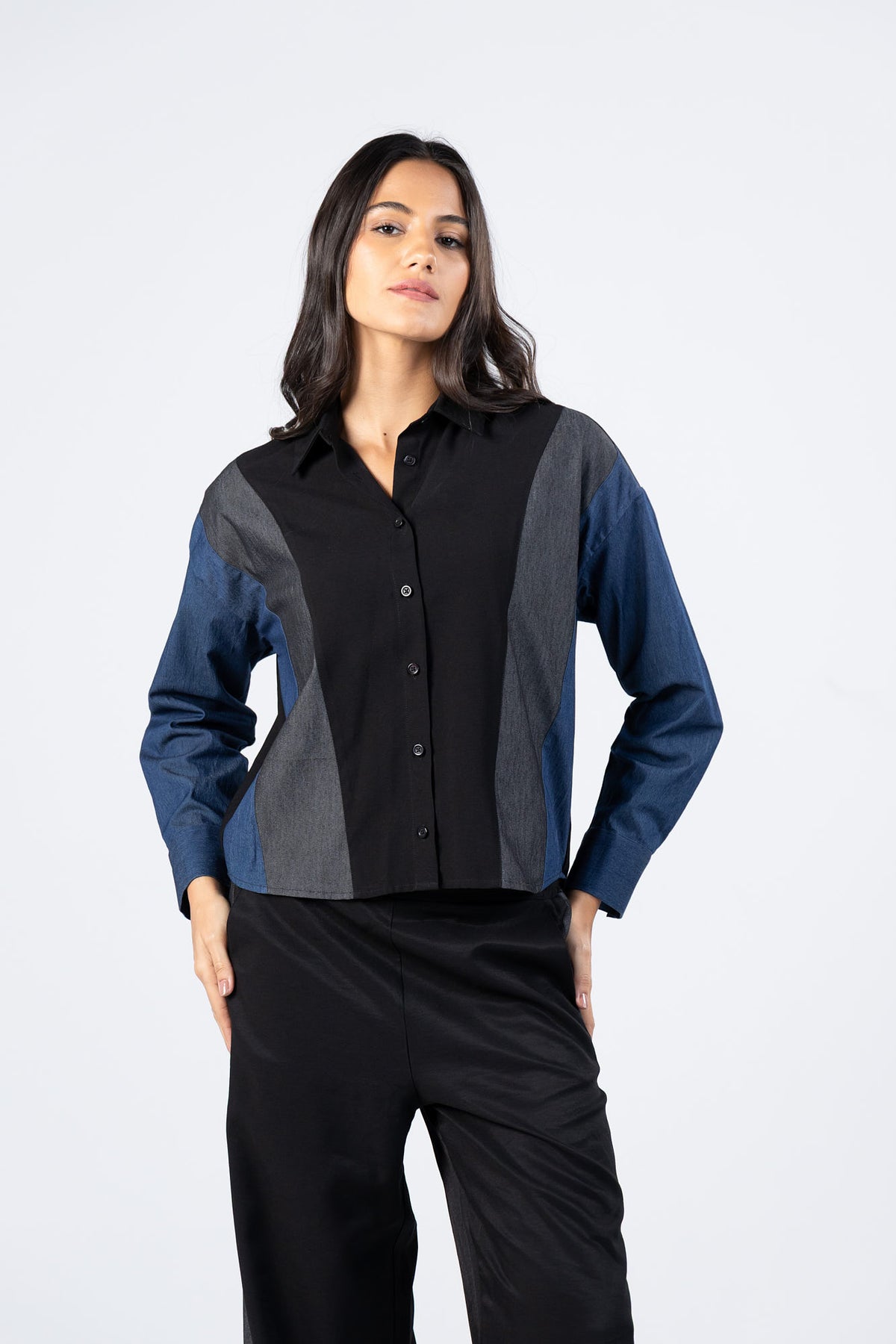 Black Denim Viscose Patchwork Shirt