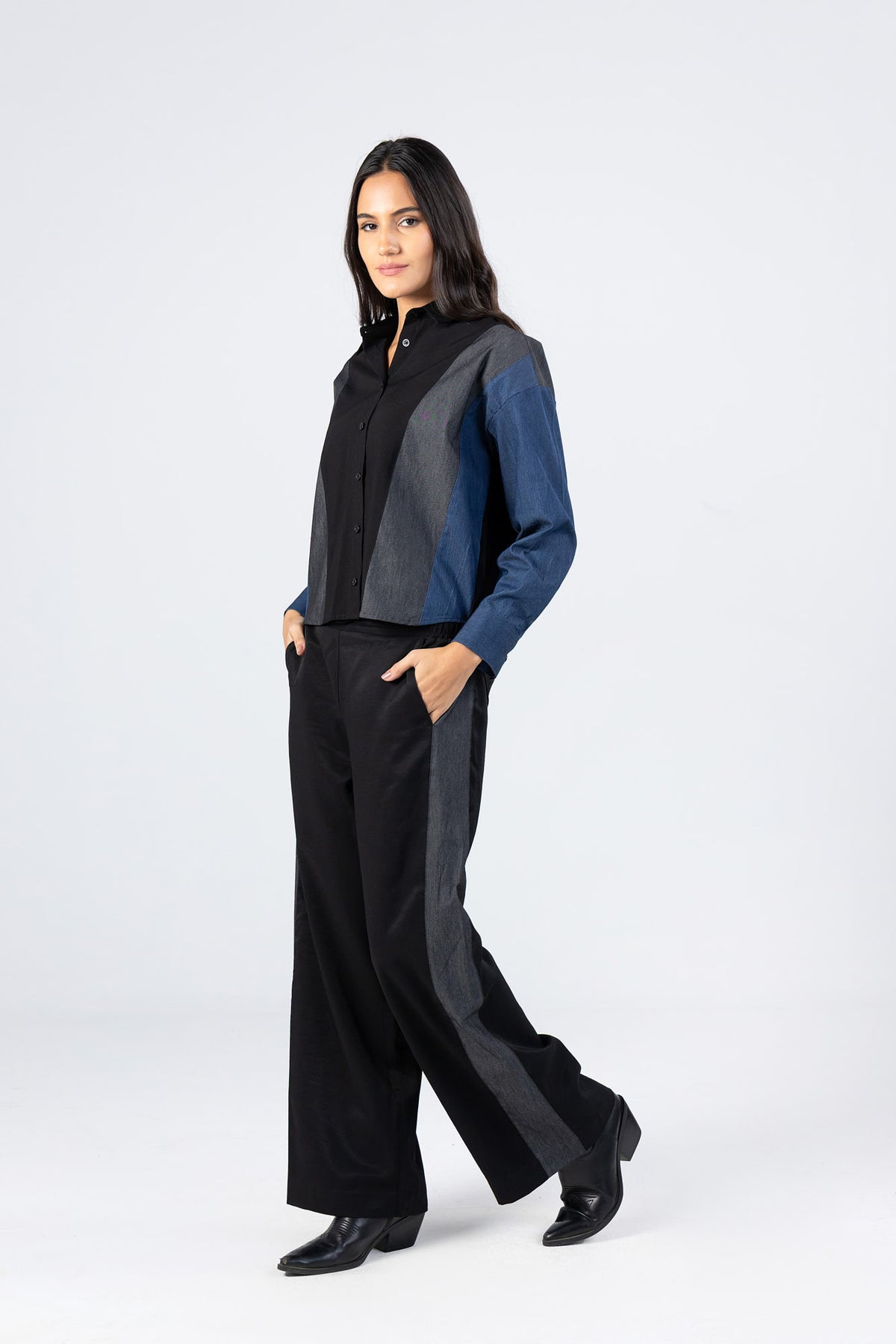Black Denim Viscose Patchwork Pants