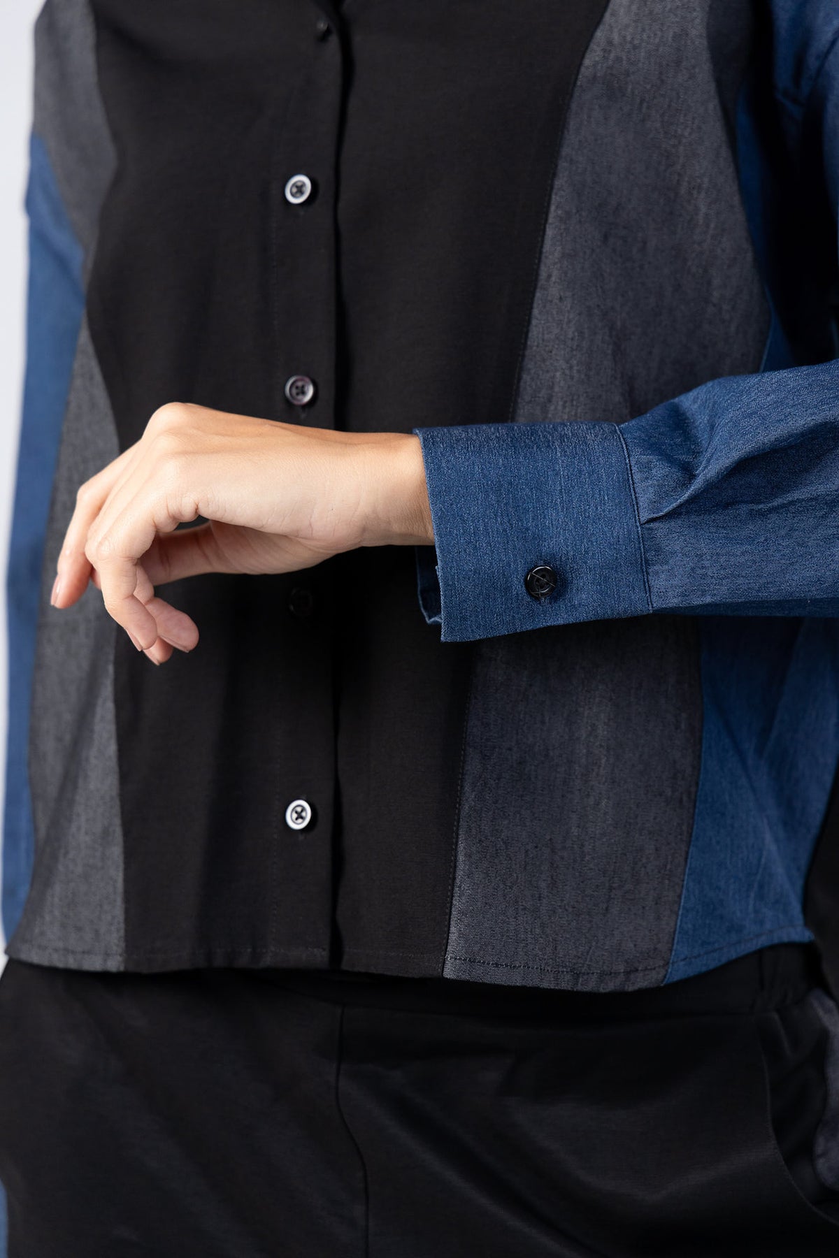 Black Denim Viscose Patchwork Shirt