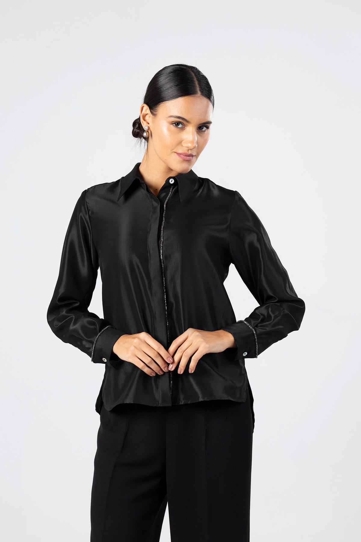 Satin Crystal Trim Shirt