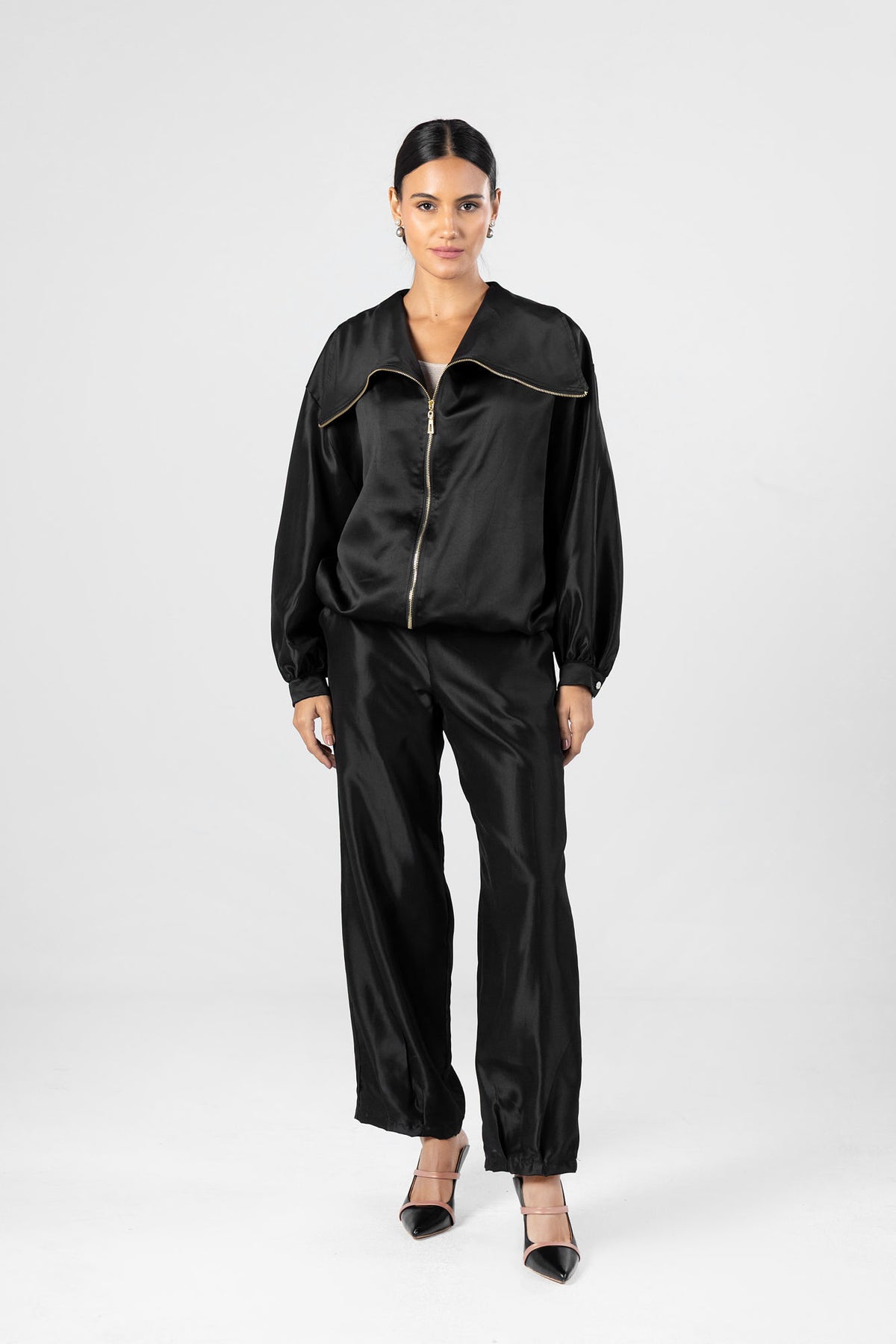 Black Satin Pop Collar Jacket