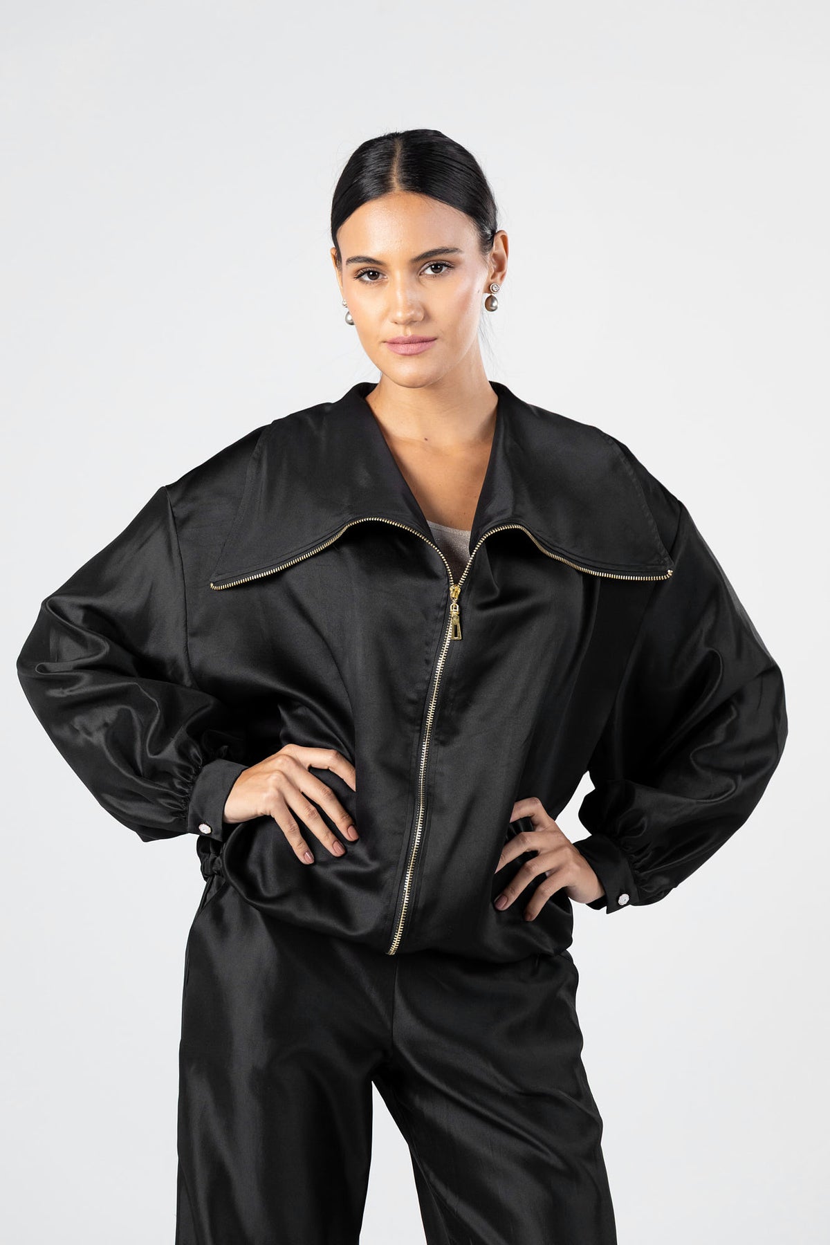 Black Satin Pop Collar Jacket