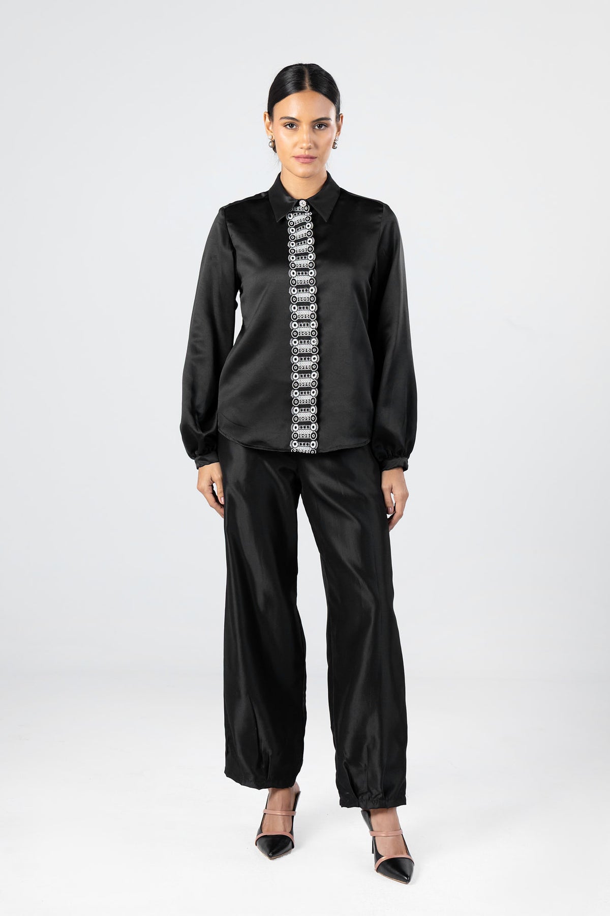 Black Satin Lace Detail Shirt