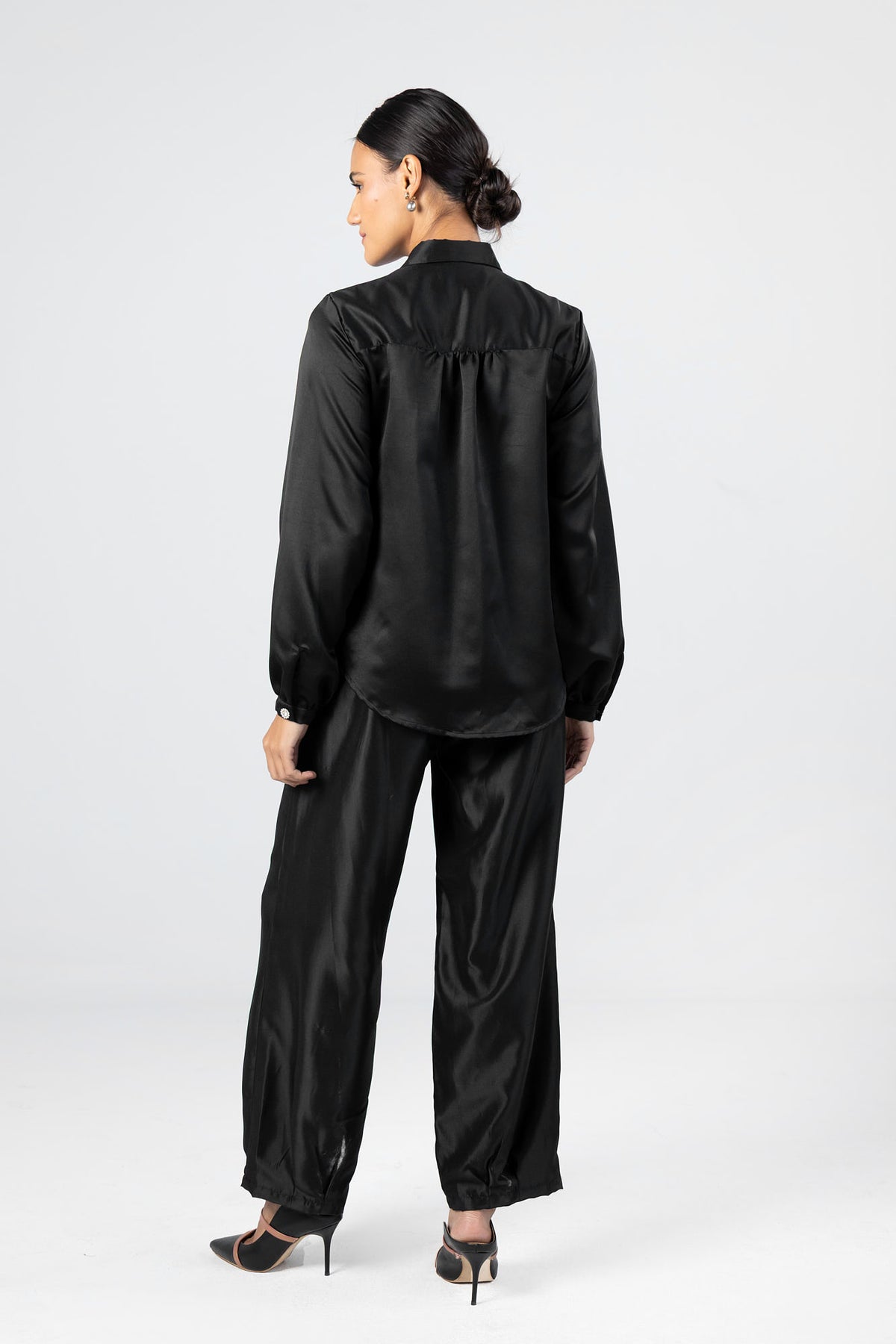 Black Satin Lace Detail Shirt