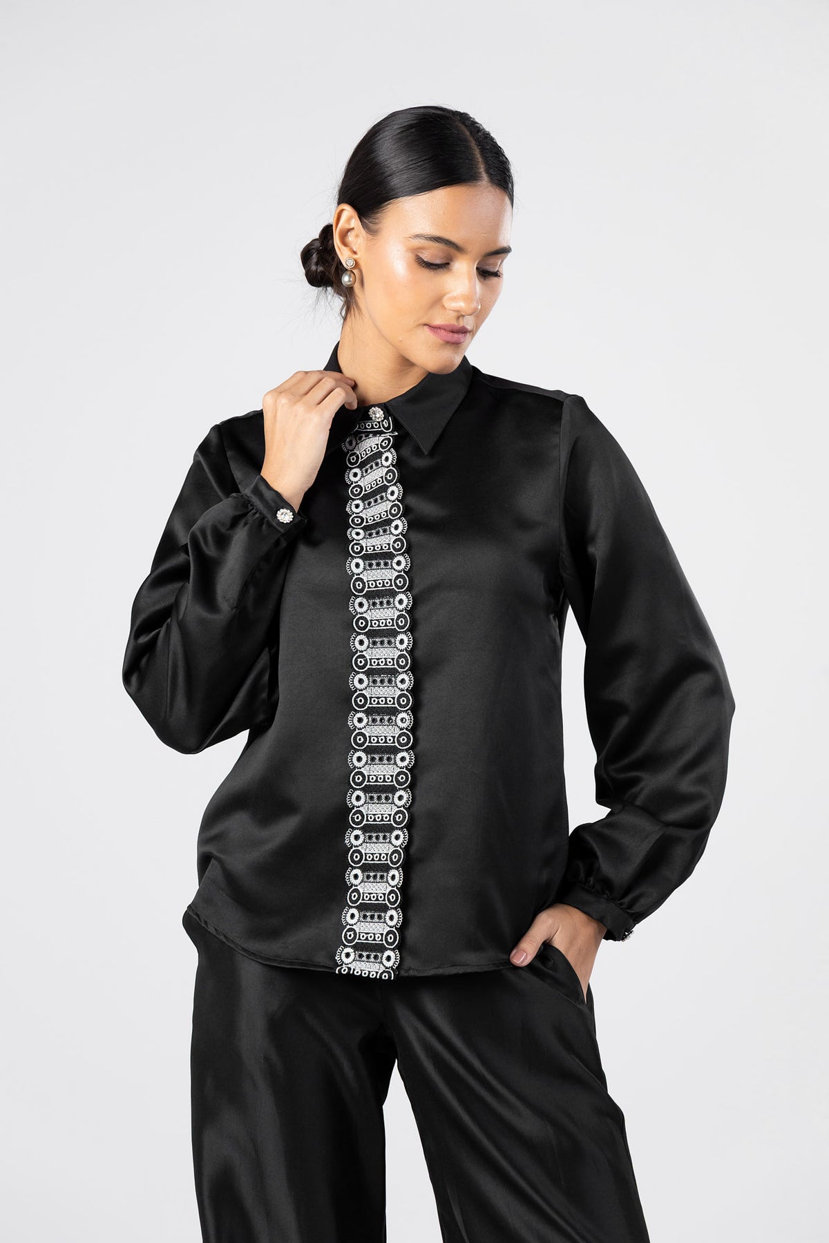 Black Satin Lace Detail Shirt