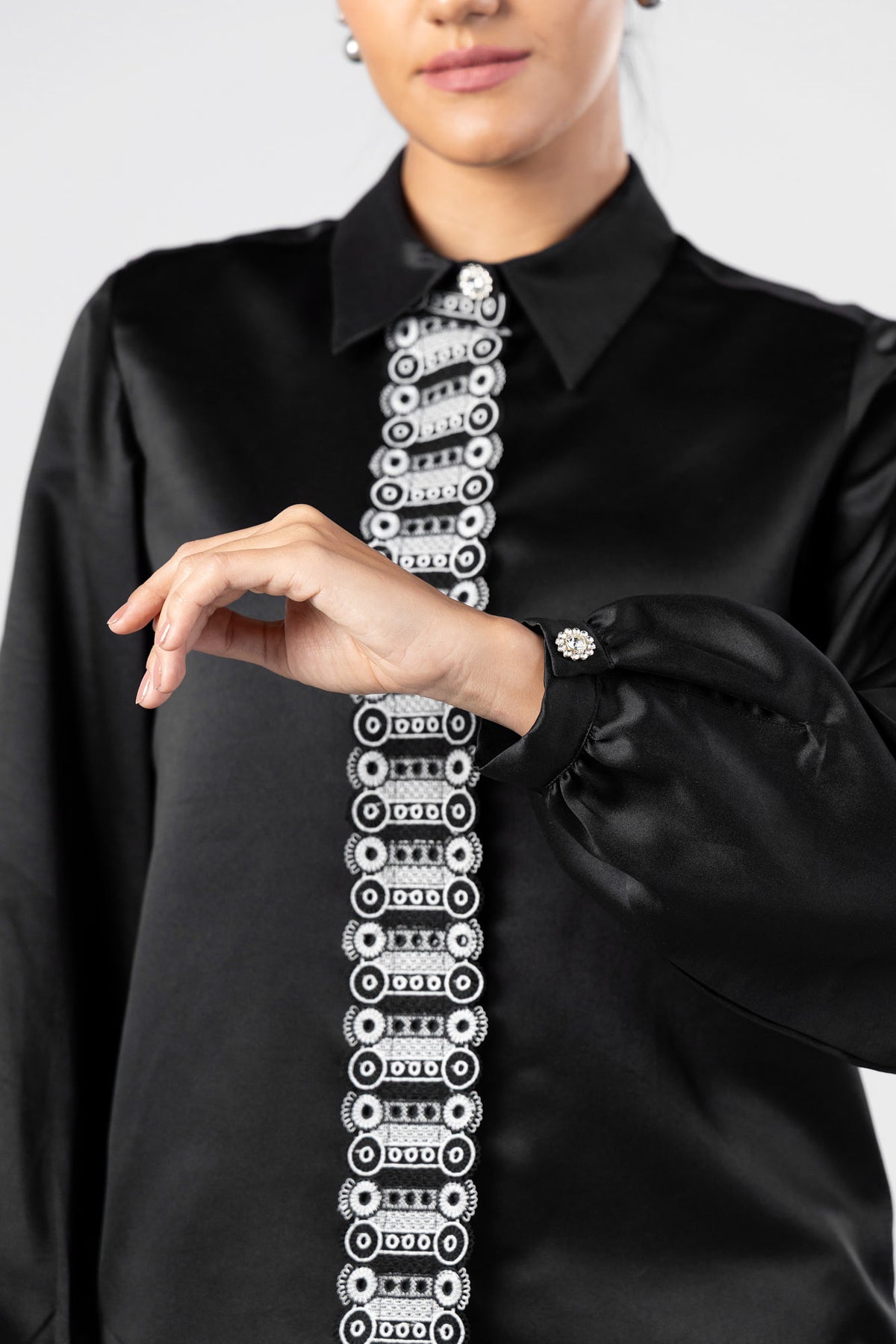 Black Satin Lace Detail Shirt