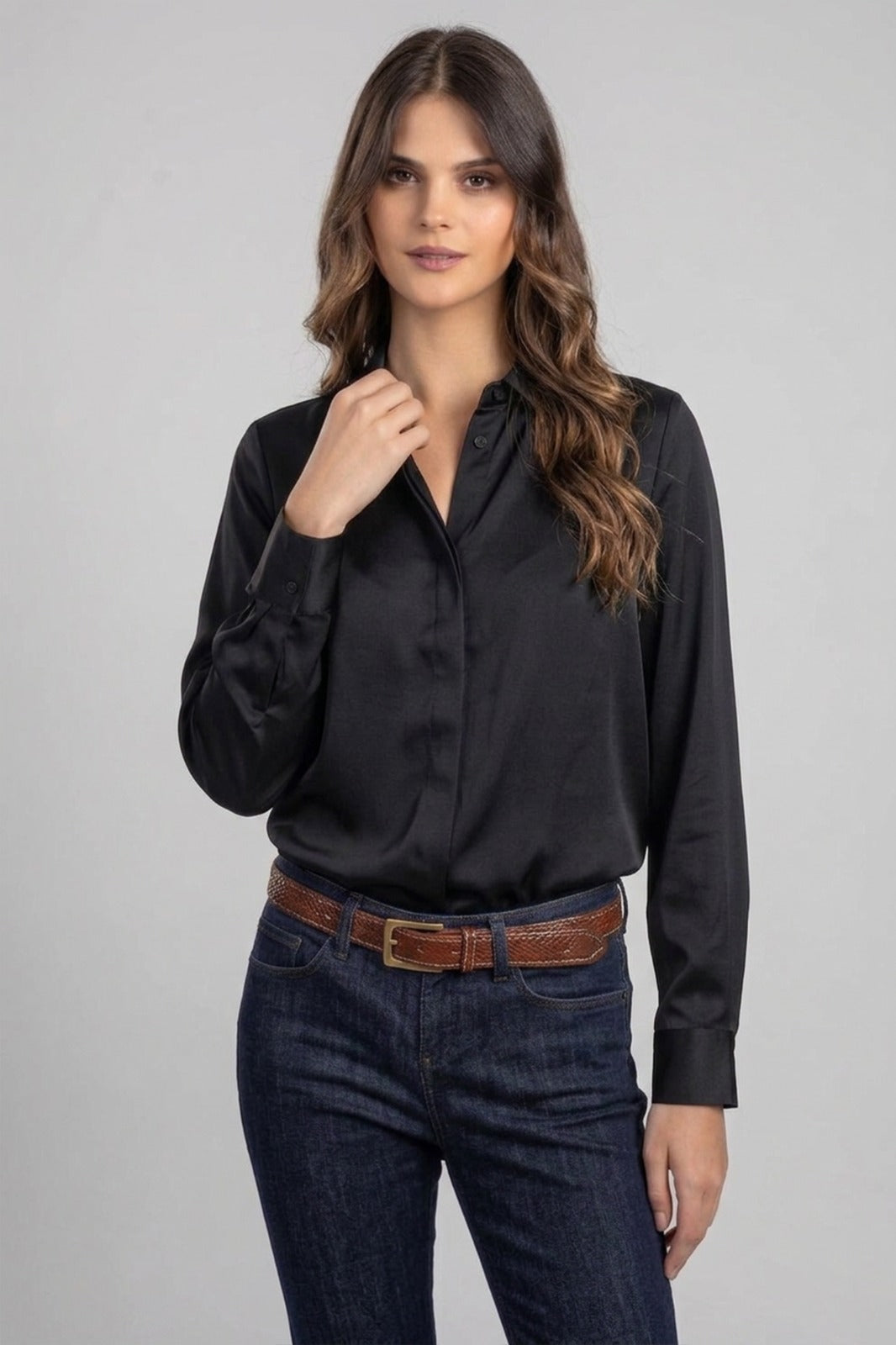Black Twill Hidden Placket Shirt