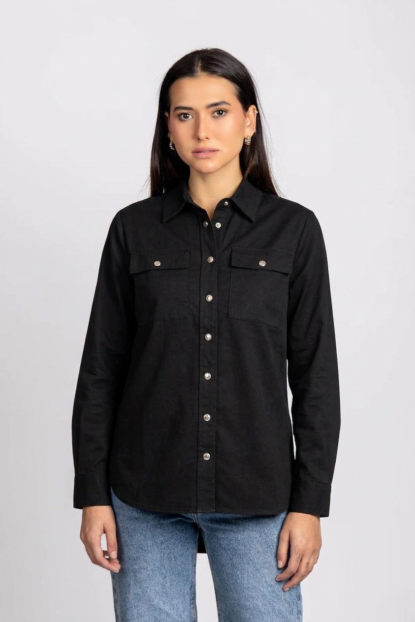 Black Viscose Shirt with Flap Pockets
