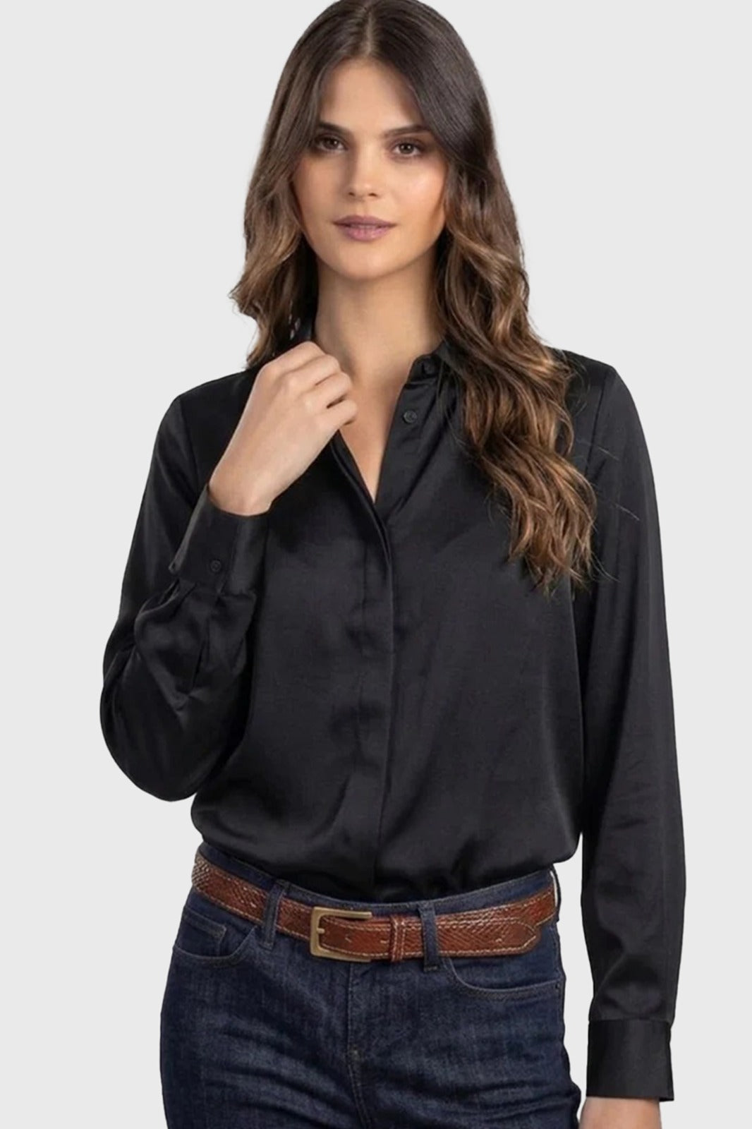 Black Twill Hidden Placket Shirt