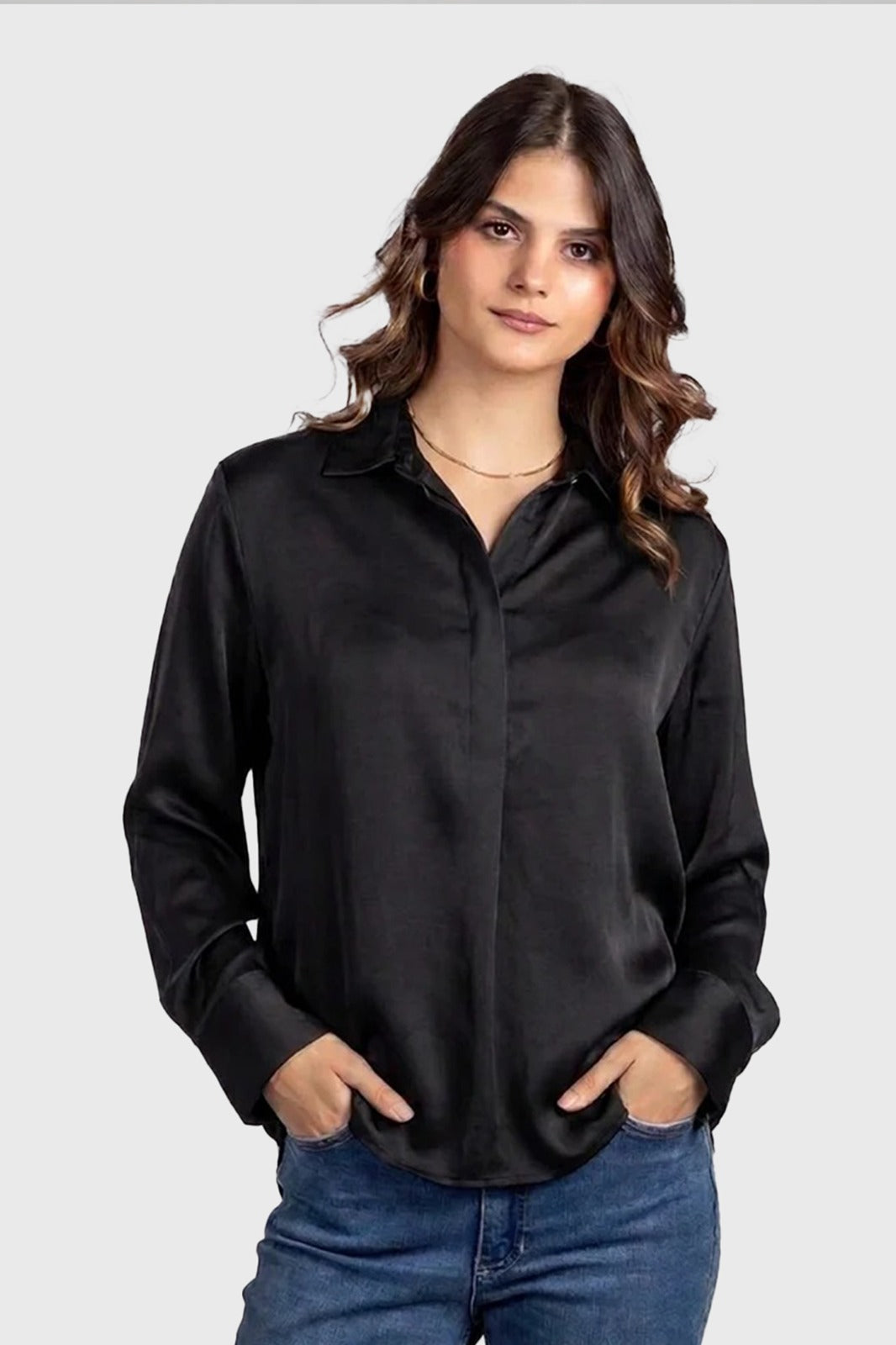 Black Satin Half Placket Shirt