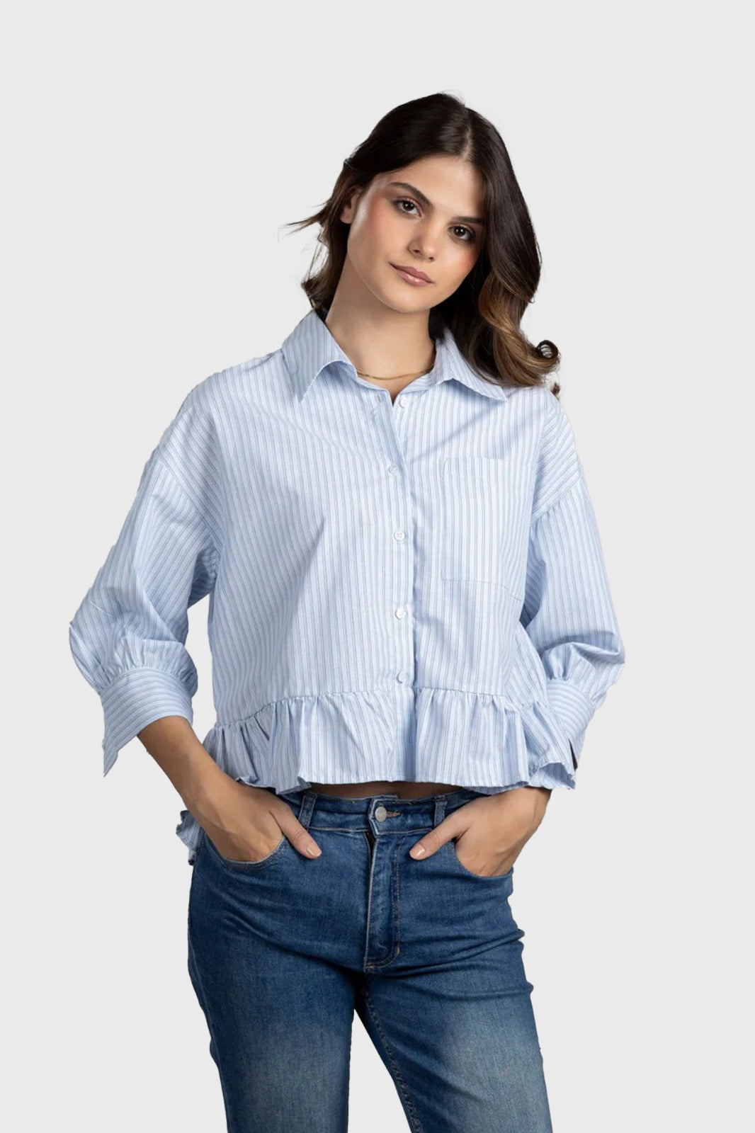 Light Blue Striped Ruffle Hem Shirt