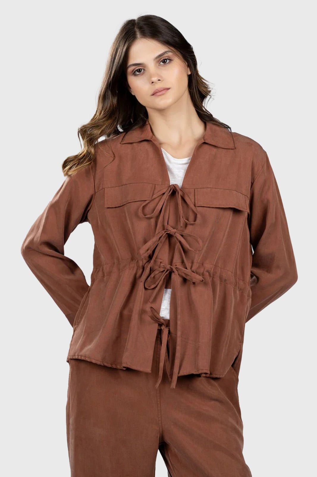 Cafe Tencel Front Tie Shirt