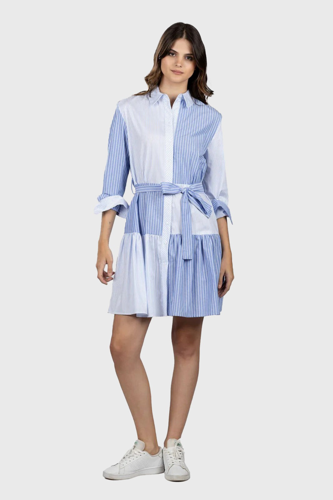 Light Blue Striped Patchwork Shirt Dress