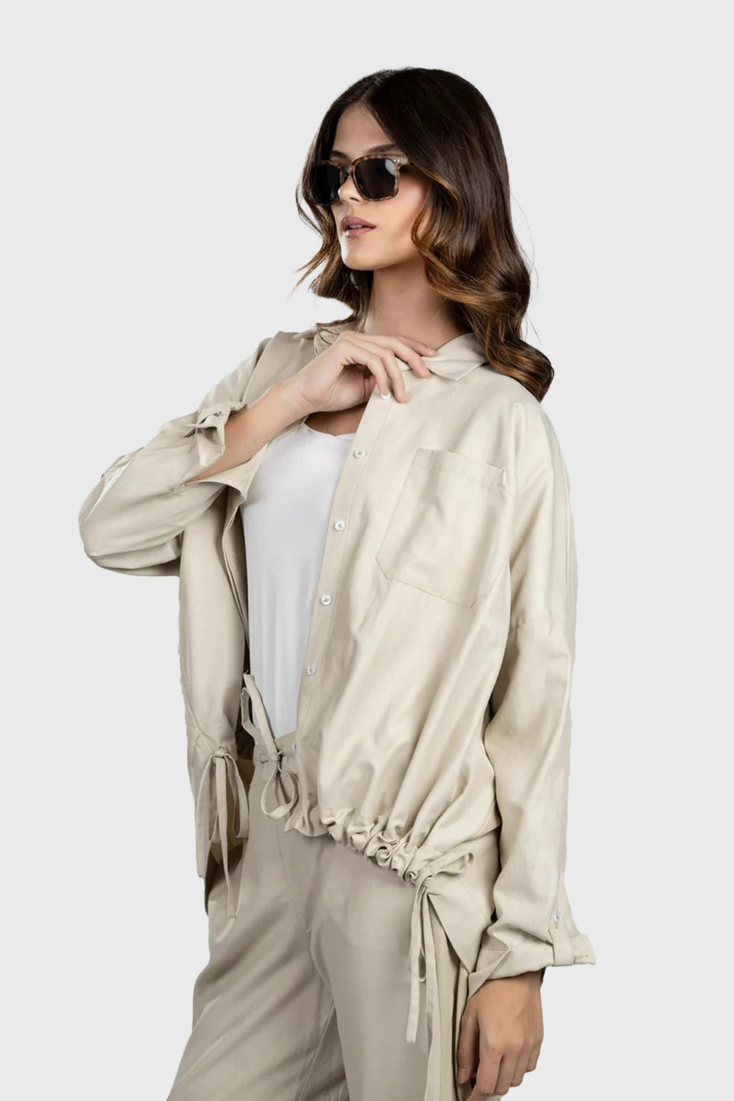 Taupe Relaxed Hem Tie Shirt