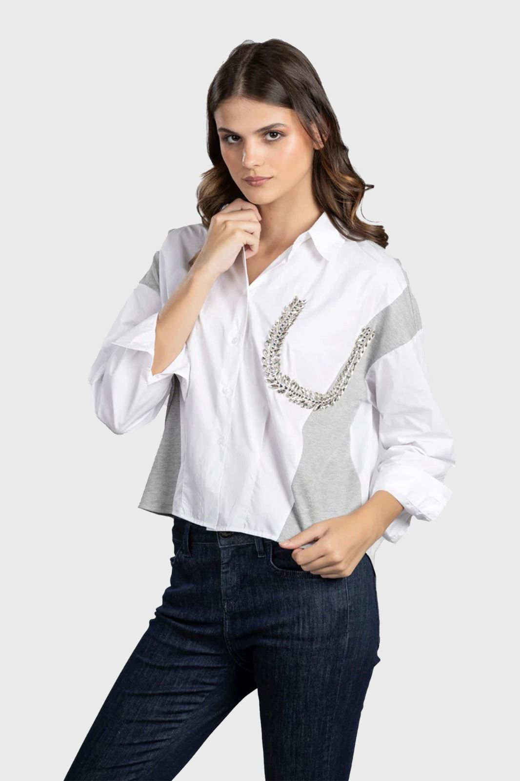 White Patchwork Knit Shirt