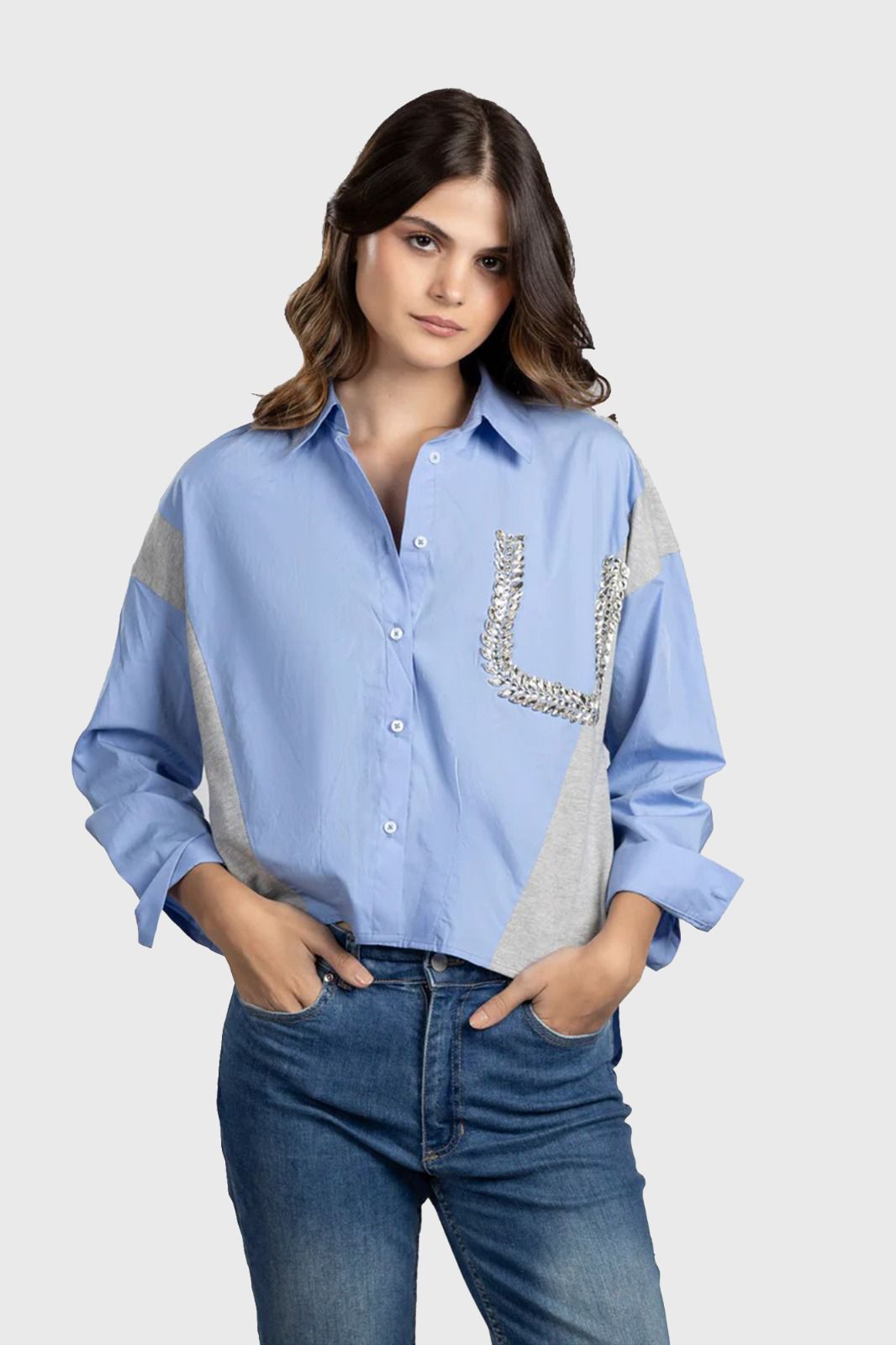 Blue Patchwork Knit Shirt