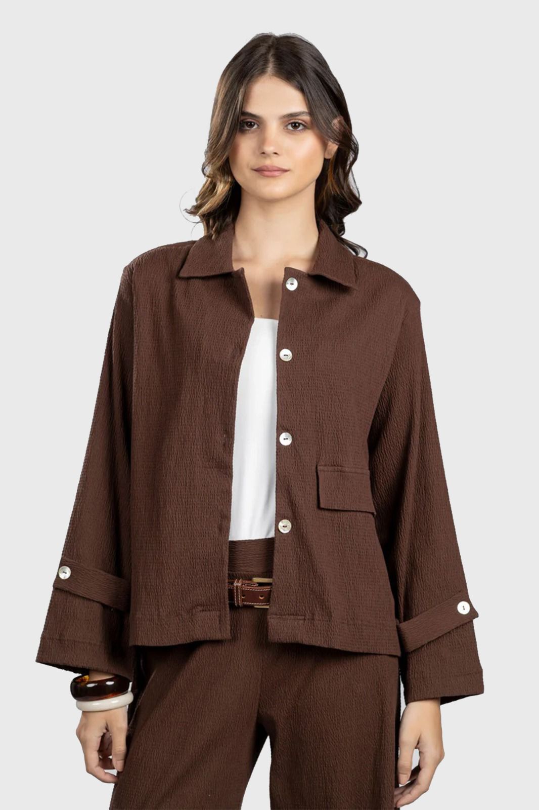 Brown Seersucker Cropped Shirt