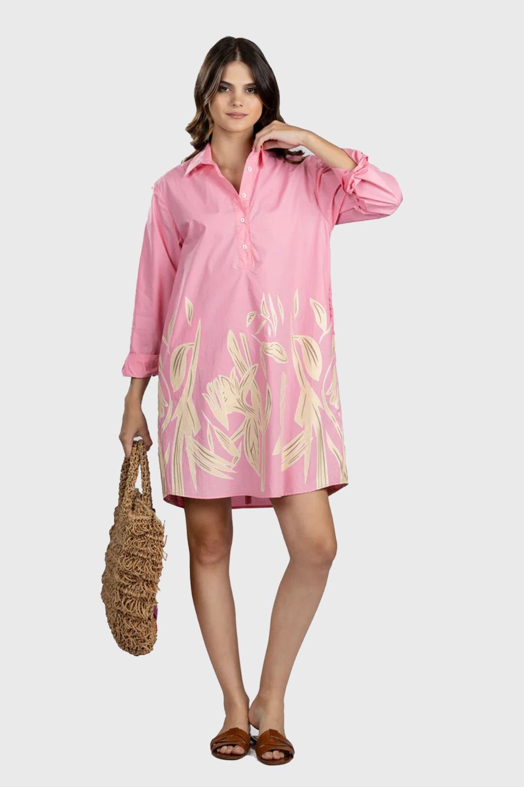 Pink Printed Poplin Short Shirt Dress