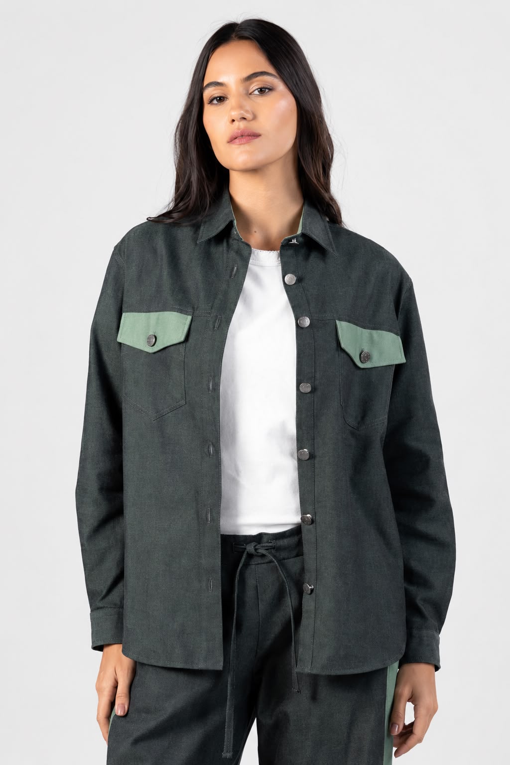 Green Gabardine Flap Pockets Shirt